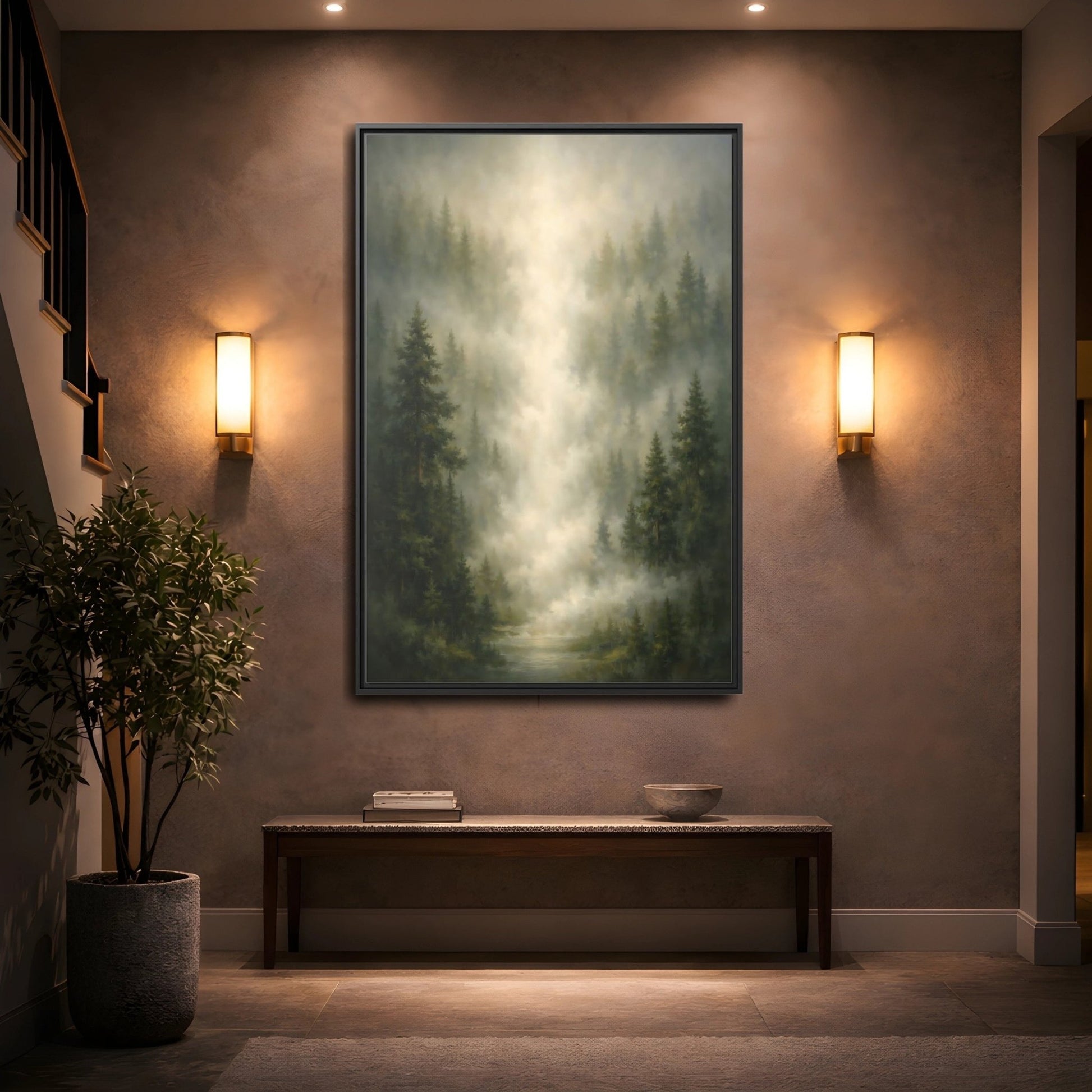 Nature Misty Forest Green - Framed Canvas Wall Art Print - YesArtYes