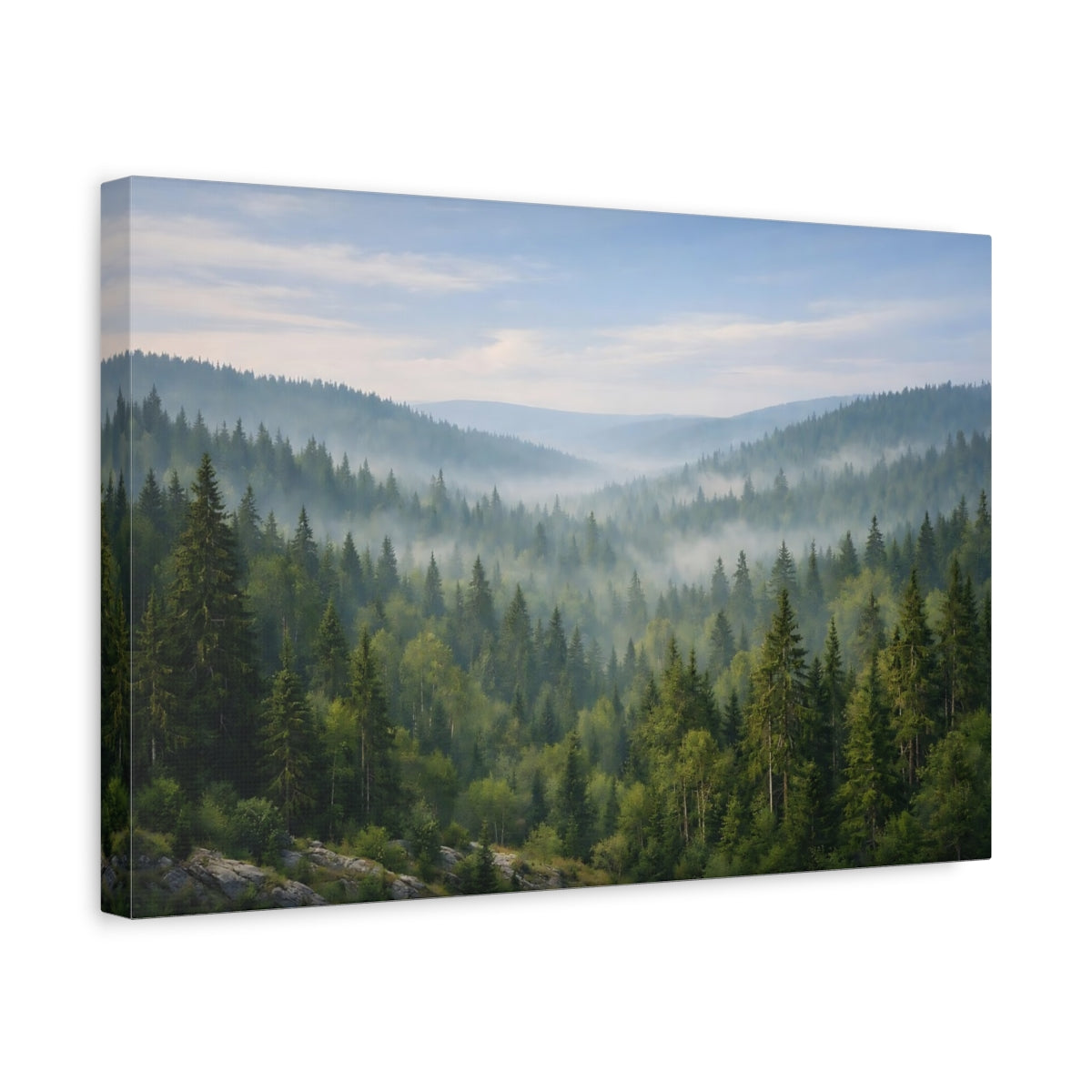Side Mockup 4. Nature Misty Forest Green Forest Mist shown as stretched canvas wall art