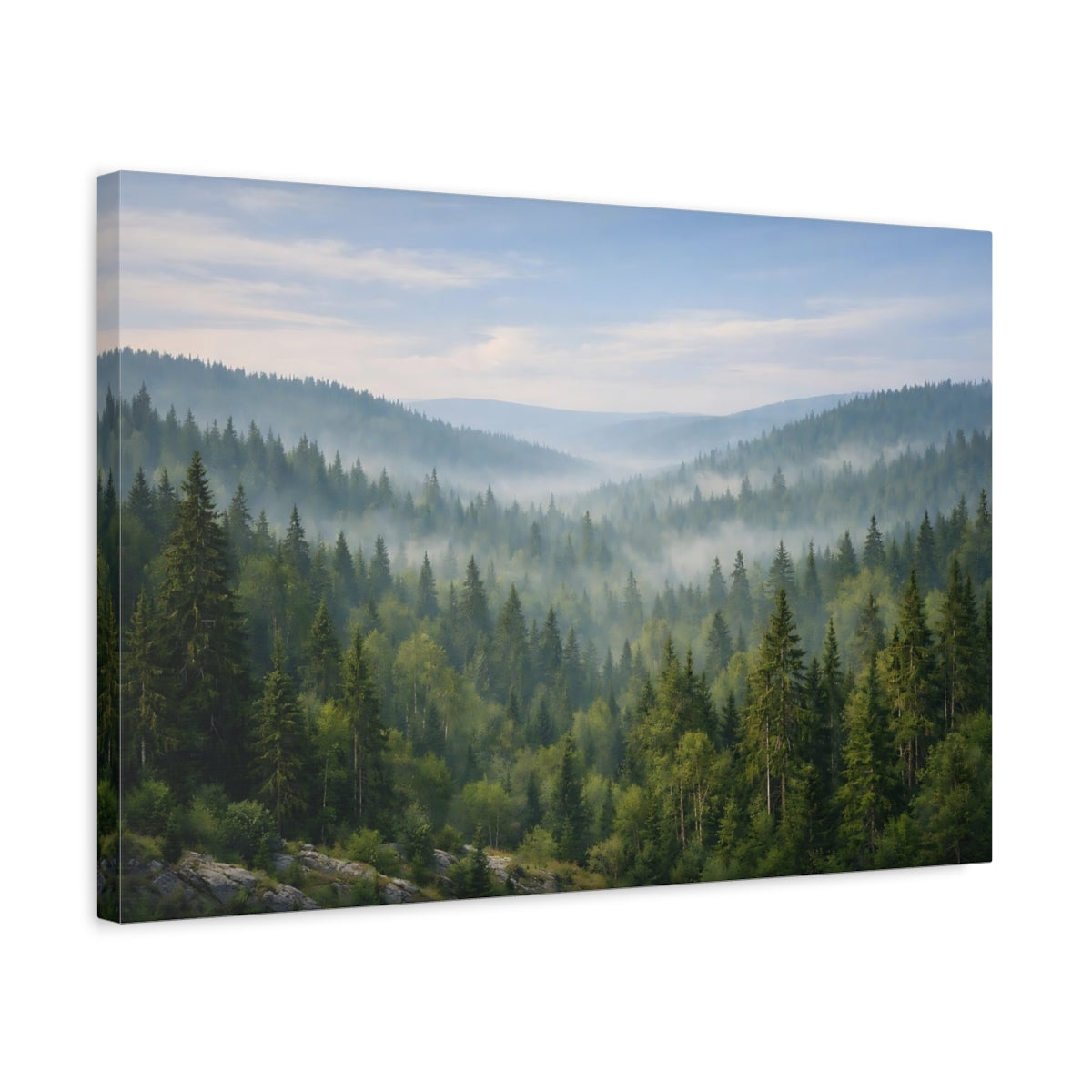 Side Mockup 3. Nature Misty Forest Green Forest Mist shown as stretched canvas wall art