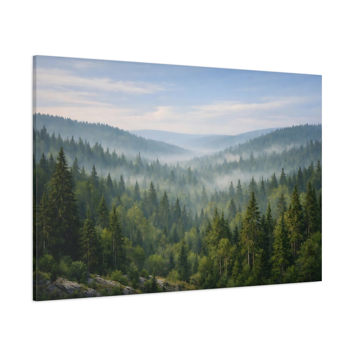 Side Mockup 1. Nature Misty Forest Green Forest Mist shown as stretched canvas wall art