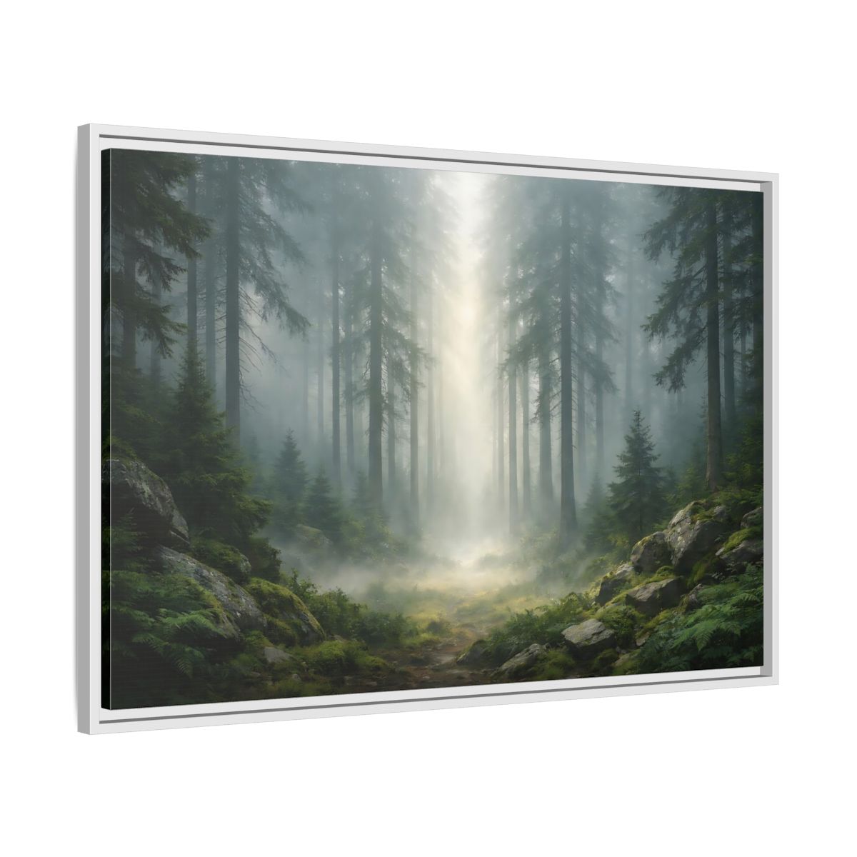 Side Mockup 8. Nature Misty Forest Green Forest Mist shown as stretched canvas wall art