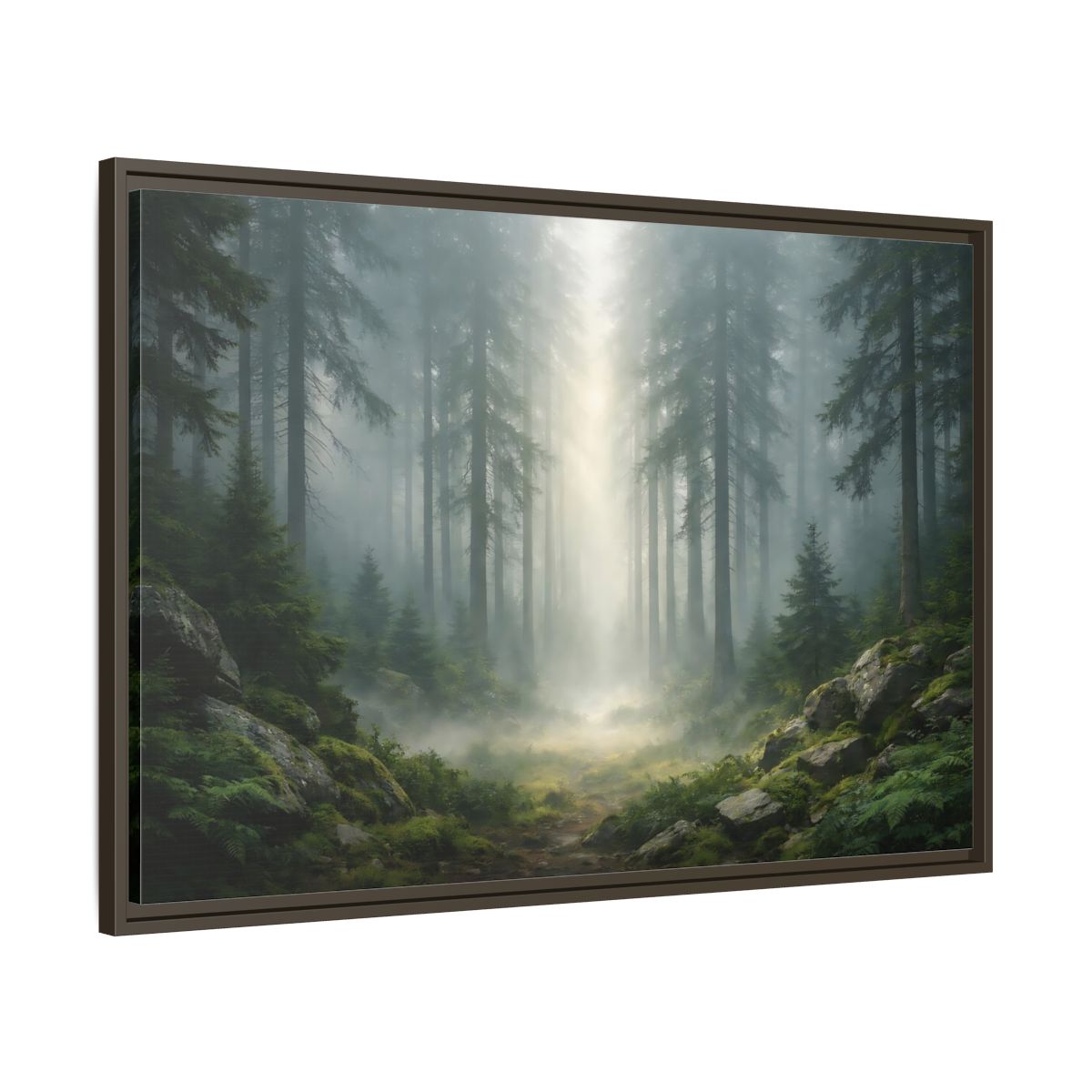 Side Mockup 9. Nature Misty Forest Green Forest Mist shown as stretched canvas wall art