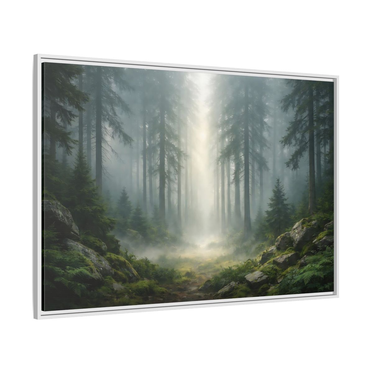 Side Mockup 7. Nature Misty Forest Green Forest Mist shown as stretched canvas wall art