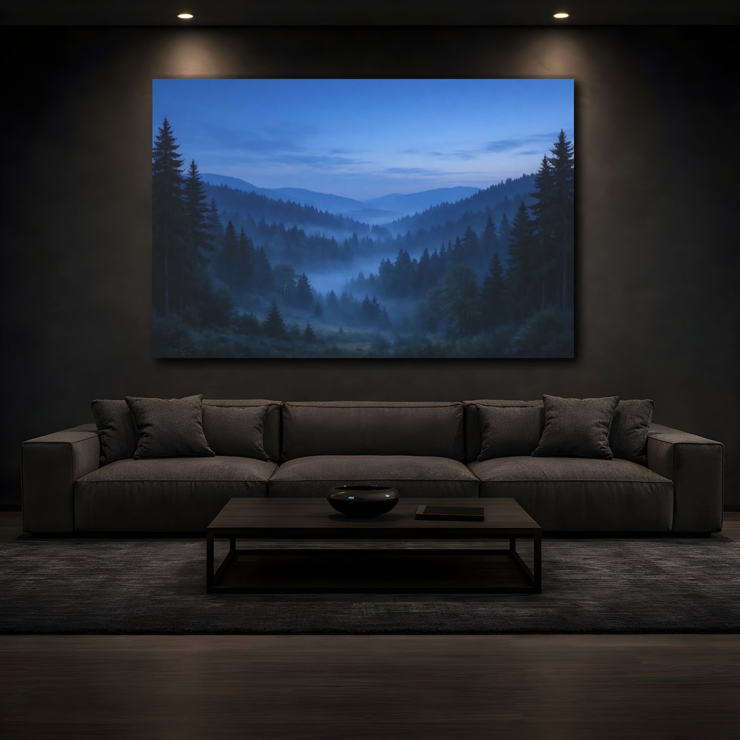 Mockup 2. Nature Misty Forest Misty Blue Forest shown as stretched canvas wall art