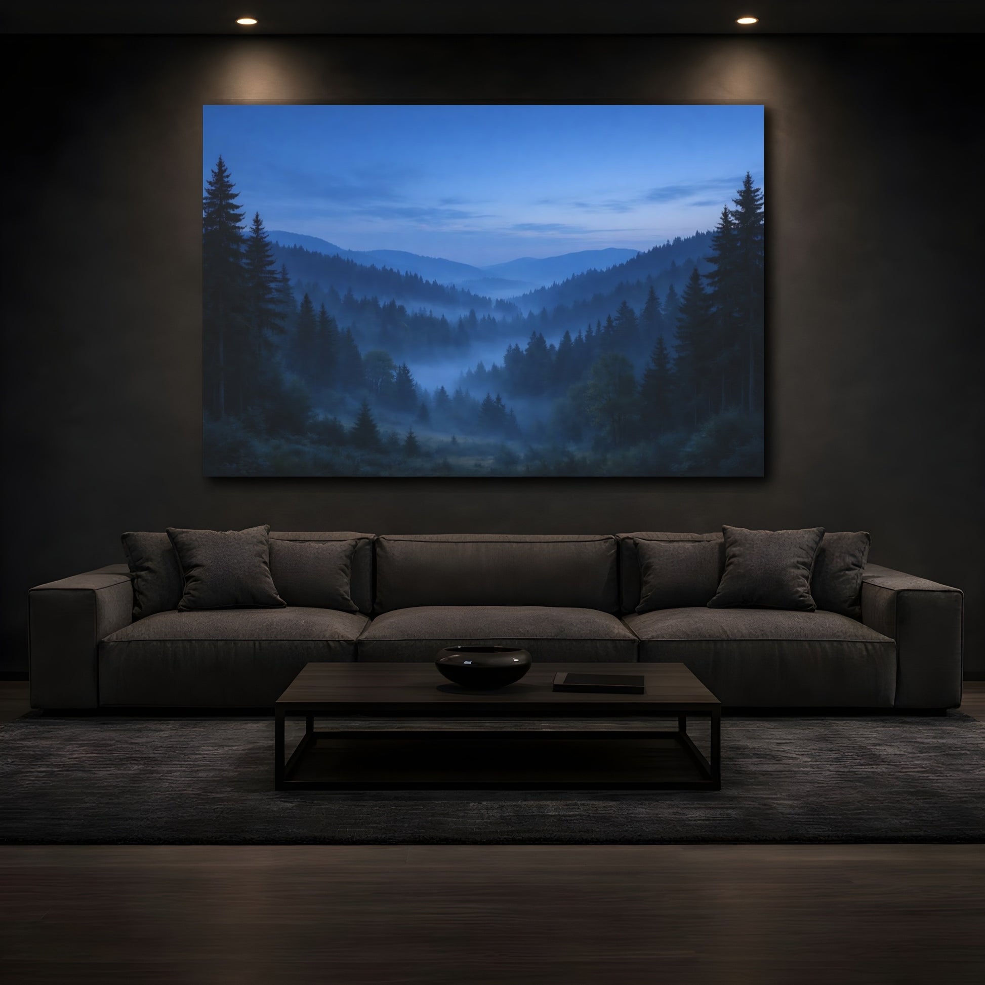 Mockup 2. Nature Misty Forest Misty Blue Forest shown as stretched canvas wall art