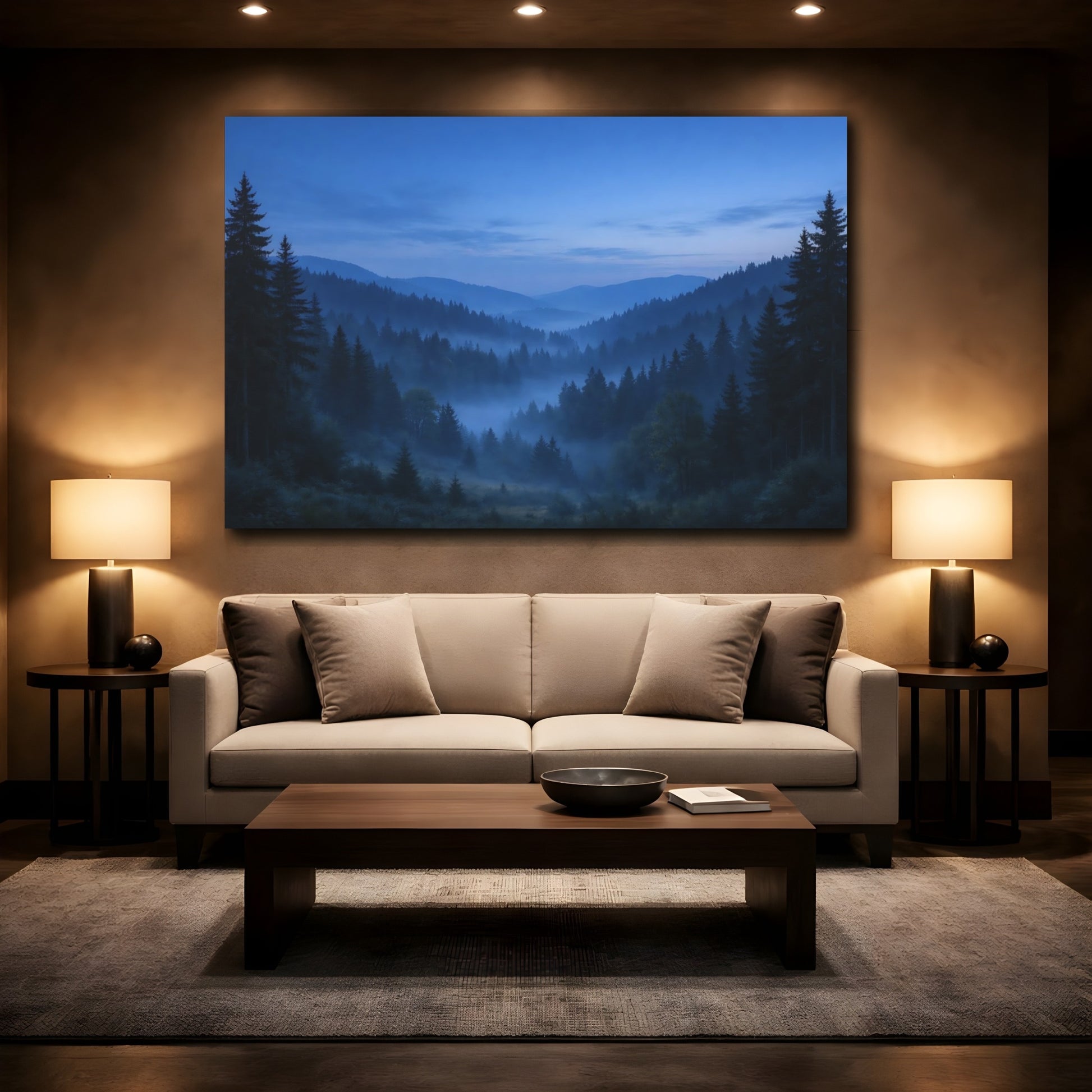 Mockup 3. Nature Misty Forest Misty Blue Forest shown as stretched canvas wall art