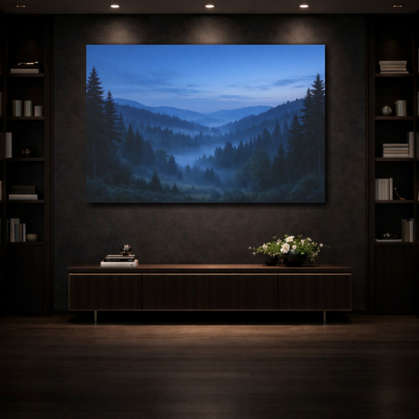 Mockup 4. Nature Misty Forest Misty Blue Forest shown as stretched canvas wall art