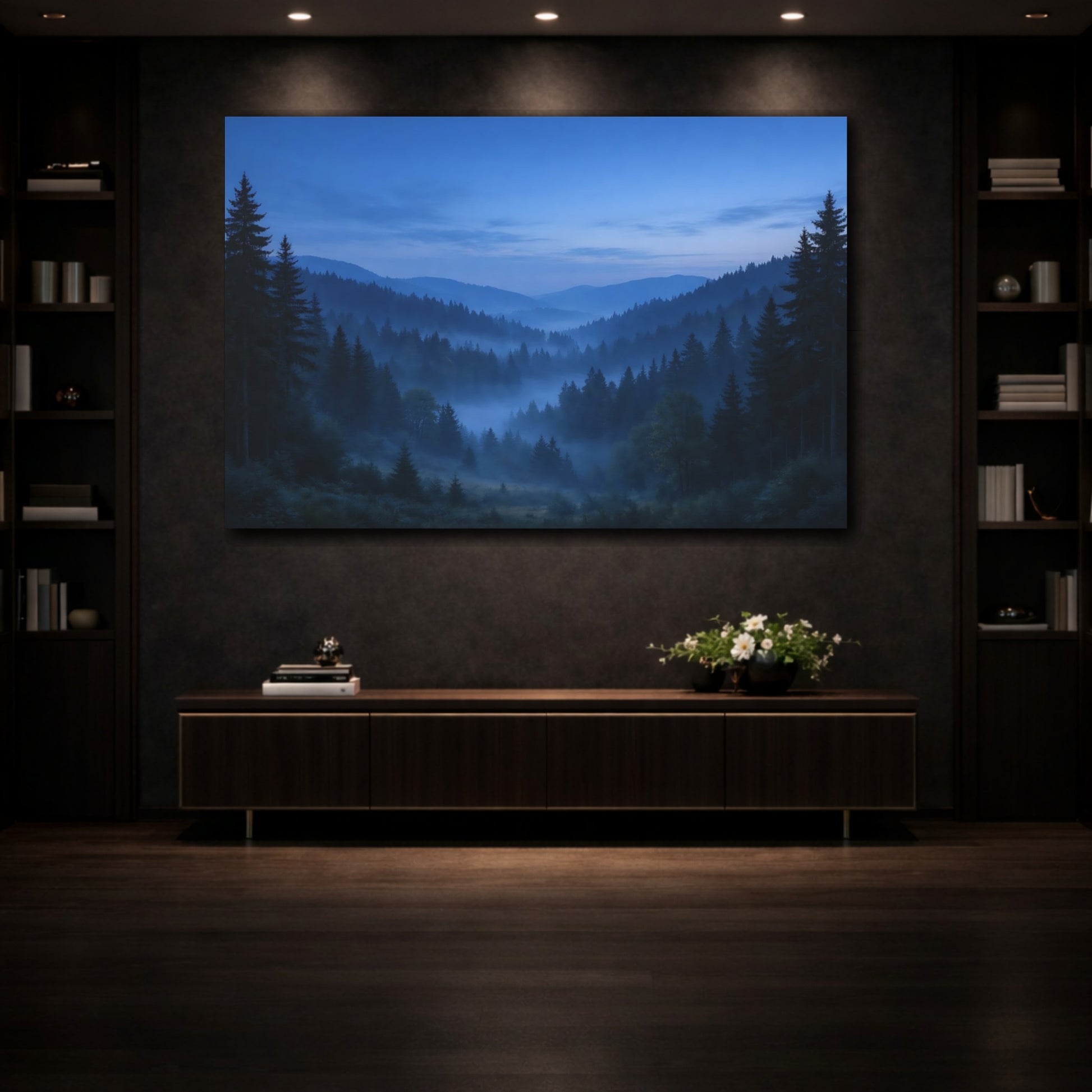 Mockup 4. Nature Misty Forest Misty Blue Forest shown as stretched canvas wall art