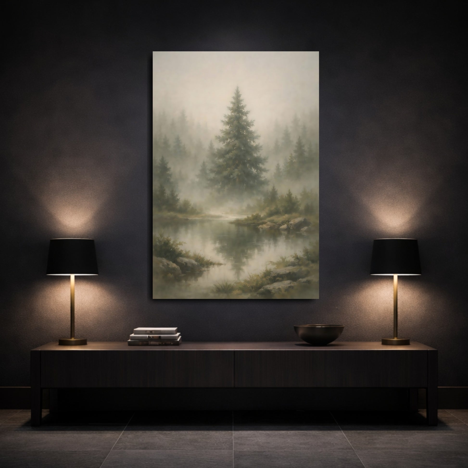Mockup 2. Nature Misty Forest Misty Forest Landscape shown as stretched canvas wall art