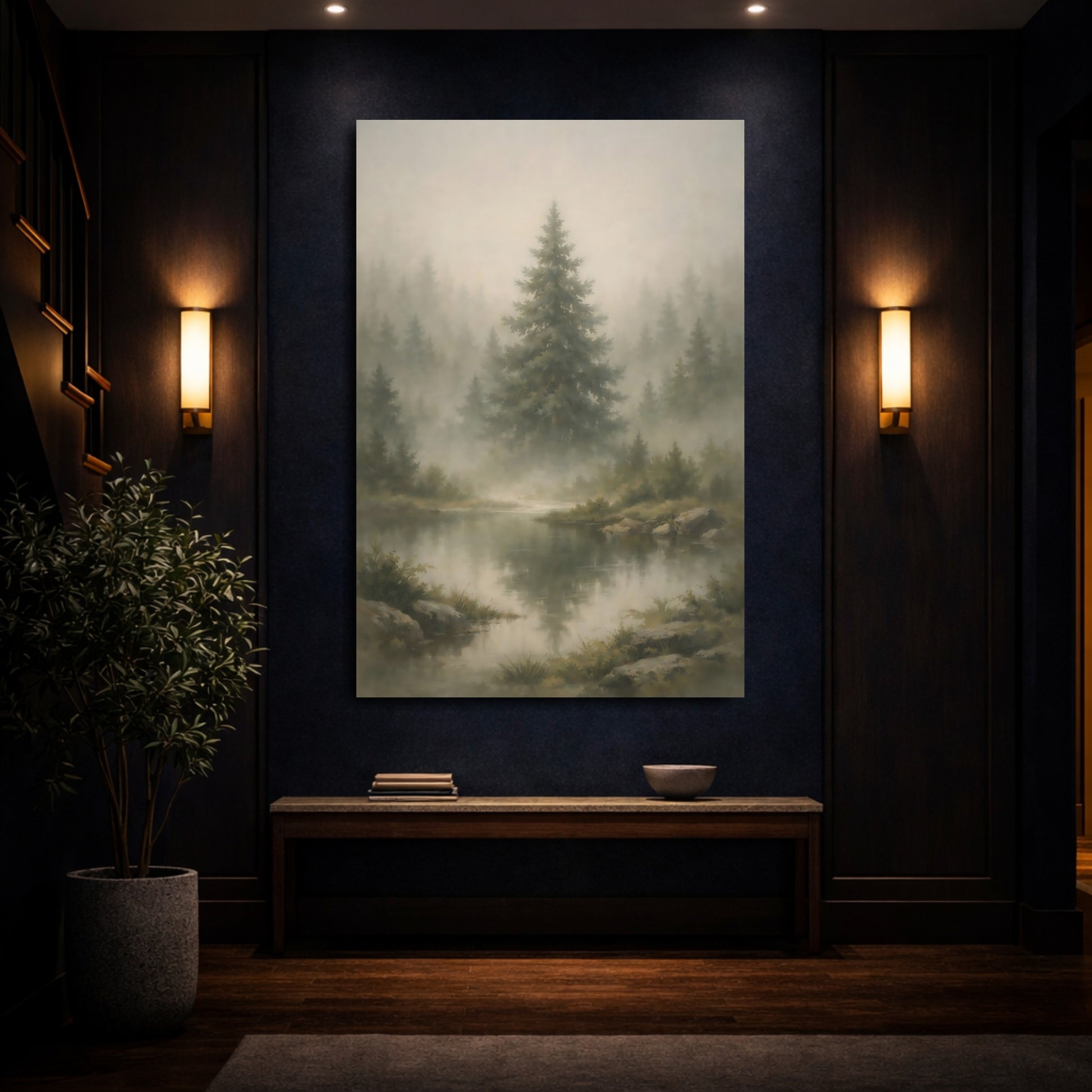 Mockup 3. Nature Misty Forest Misty Forest Landscape shown as stretched canvas wall art