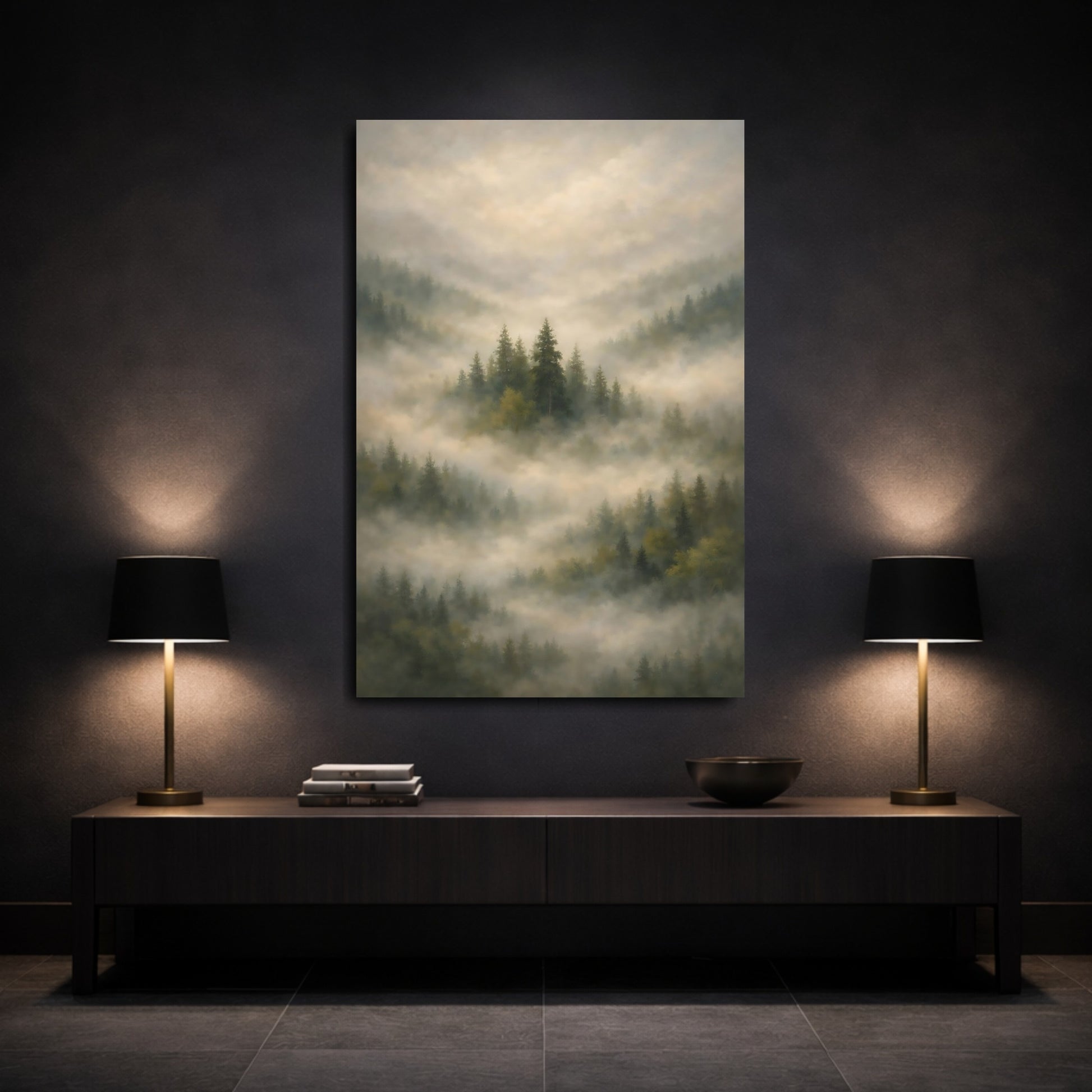 Mockup 2. Nature Misty Forest Misty Forest shown as stretched canvas wall art