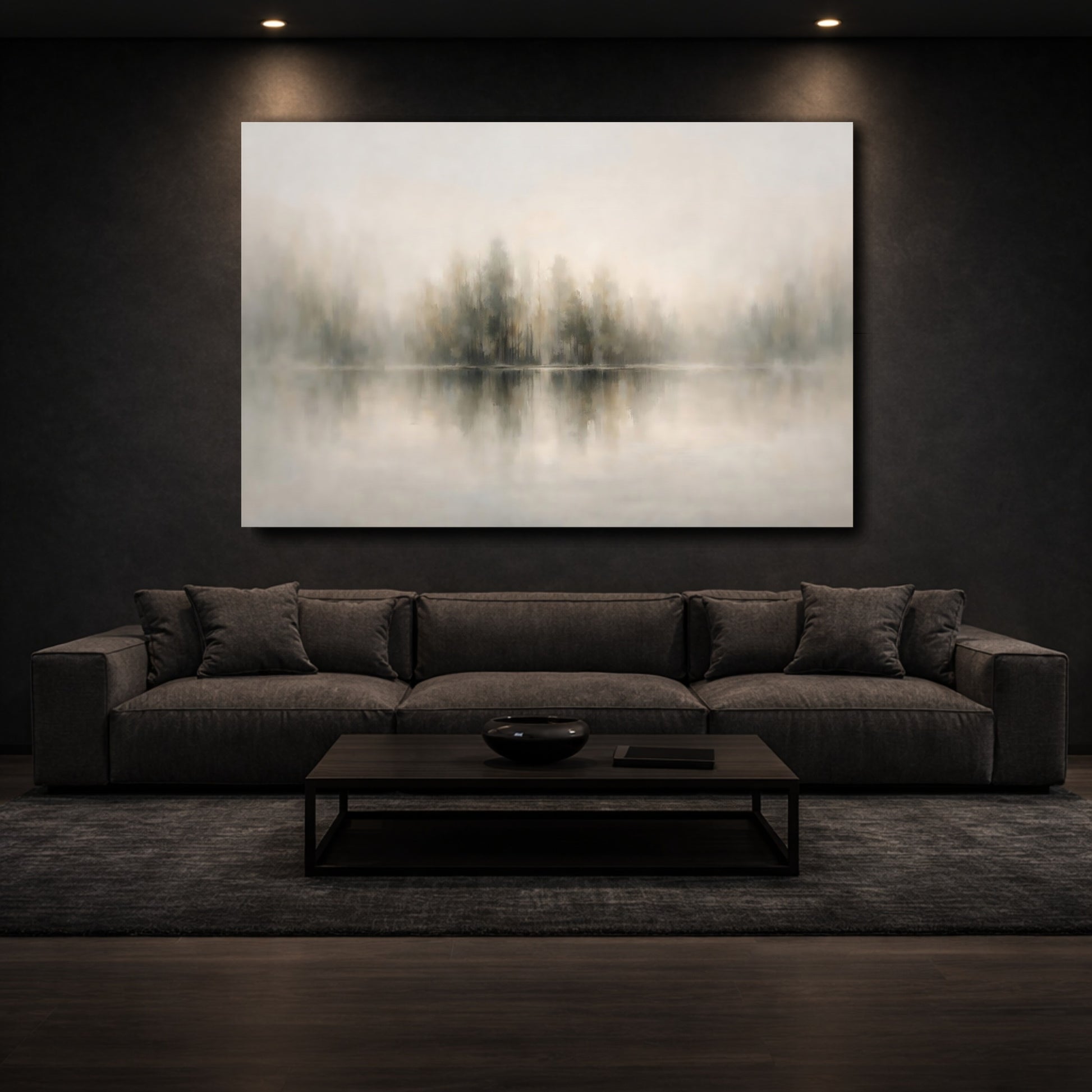 Mockup 2. Nature Misty Forest Muted Green Grey shown as stretched canvas wall art