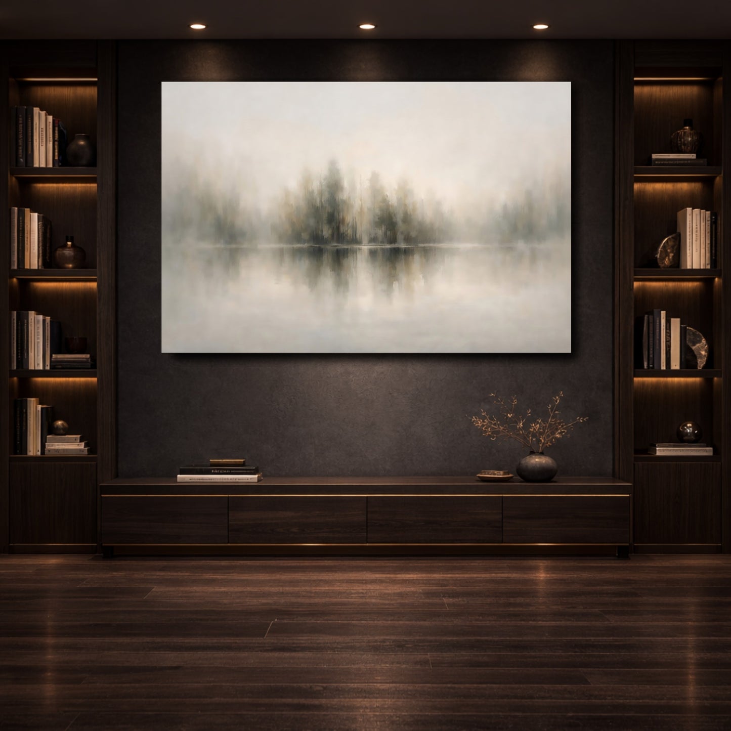 Mockup 3. Nature Misty Forest Muted Green Grey shown as stretched canvas wall art