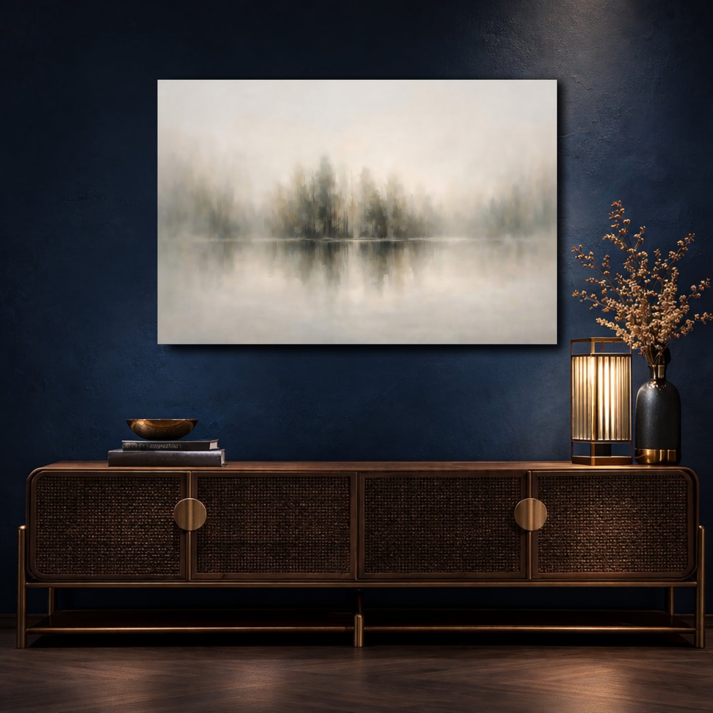 Mockup 4. Nature Misty Forest Muted Green Grey shown as stretched canvas wall art