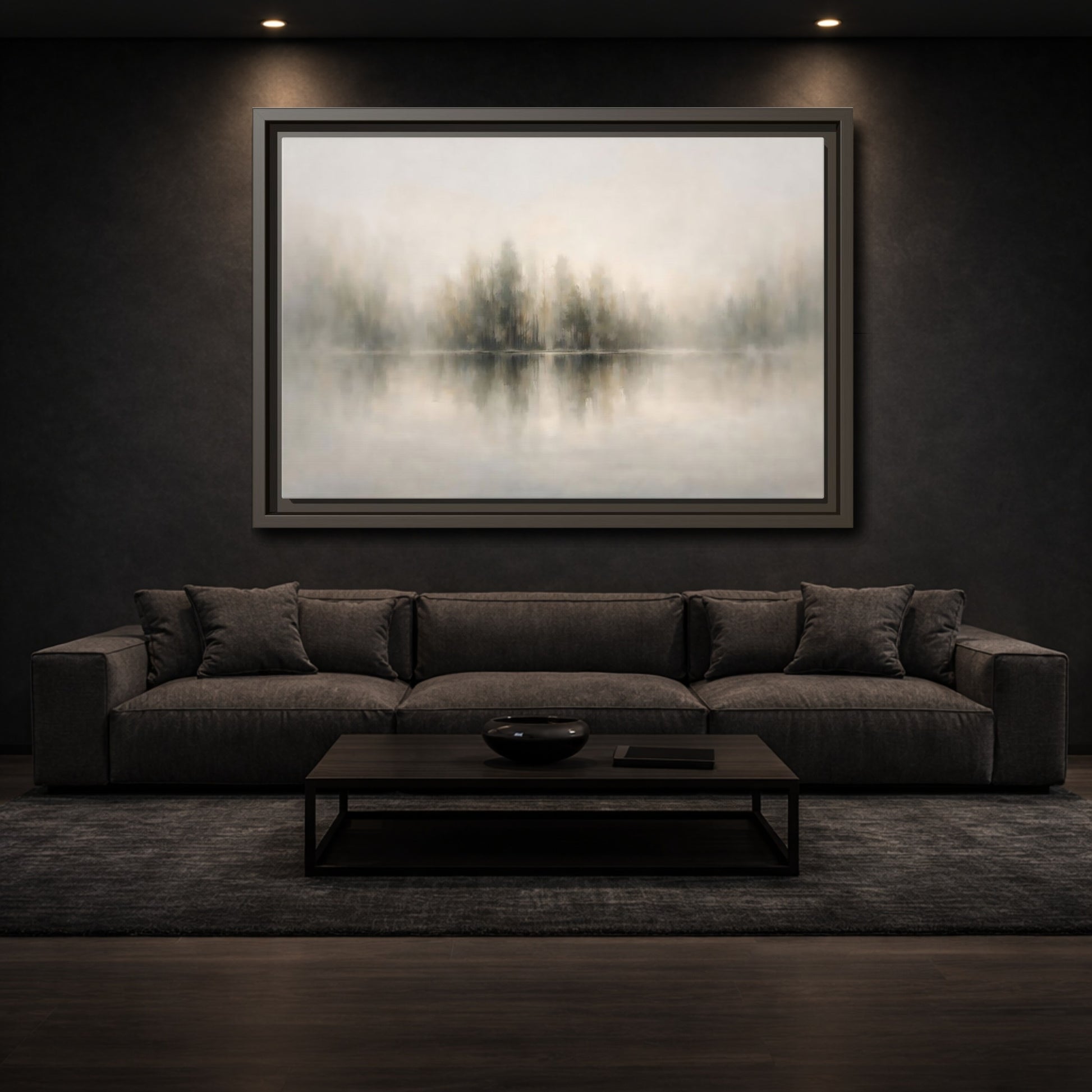 Mockup 2. Nature Misty Forest Neutral Landscape shown as stretched canvas wall art