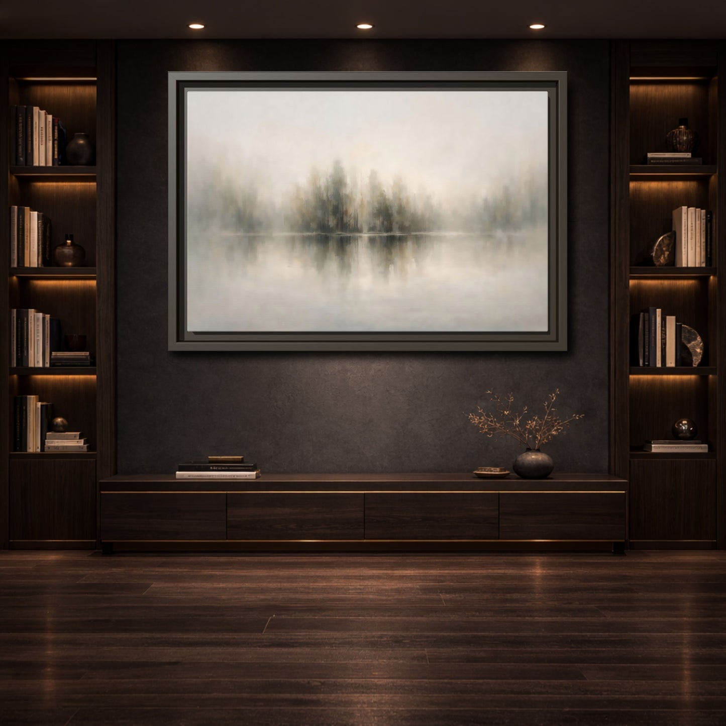 Mockup 3. Nature Misty Forest Neutral Landscape shown as stretched canvas wall art