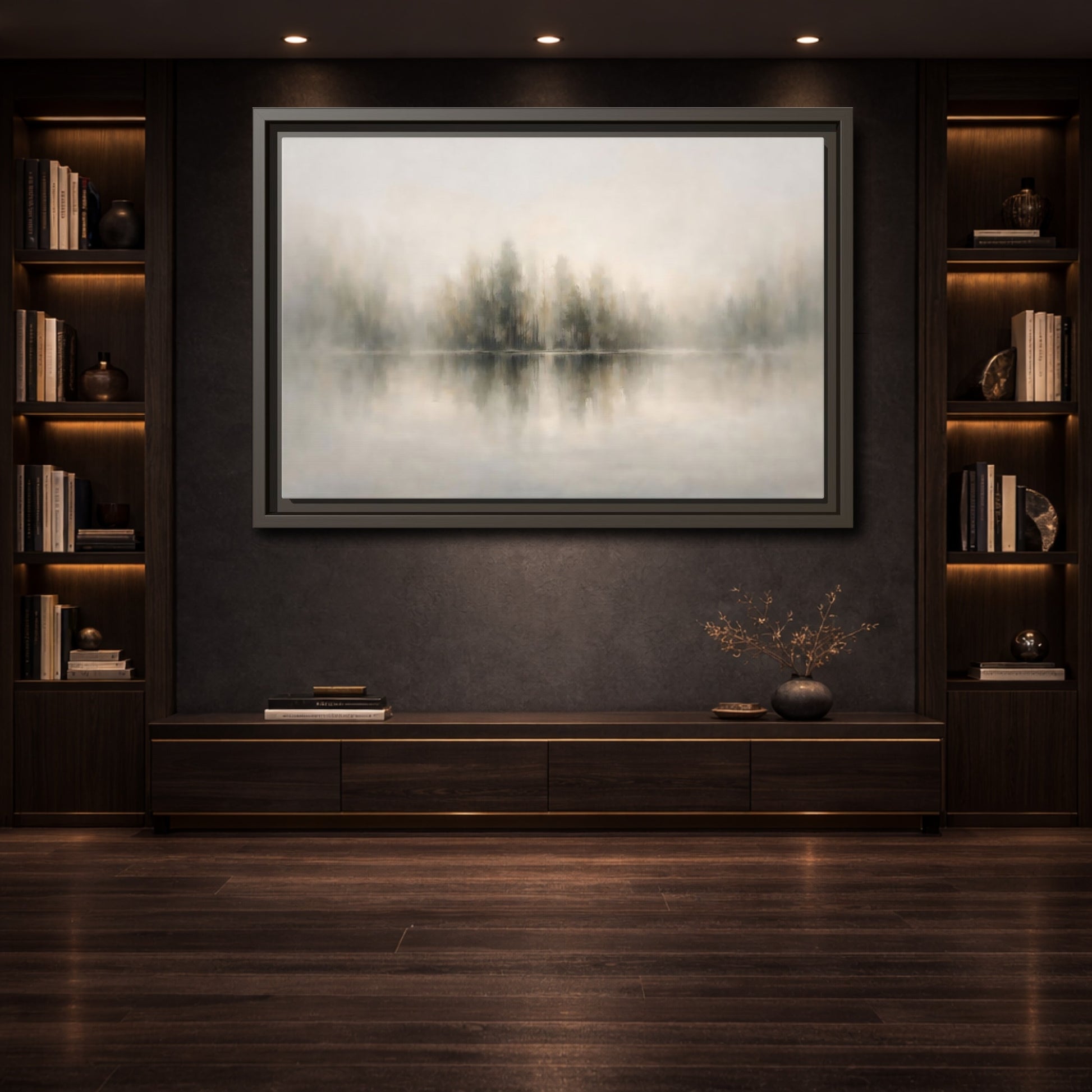 Mockup 3. Nature Misty Forest Neutral Landscape shown as stretched canvas wall art