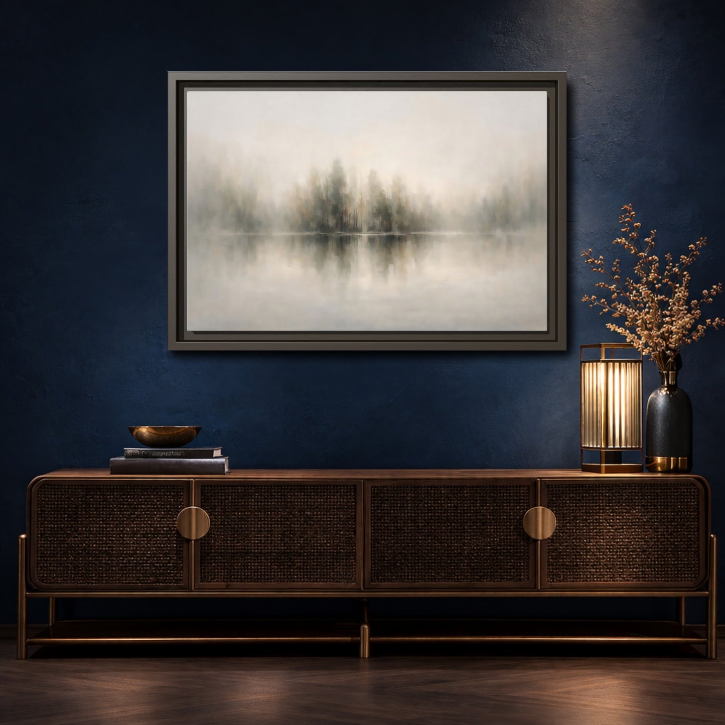 Mockup 4. Nature Misty Forest Neutral Landscape shown as stretched canvas wall art