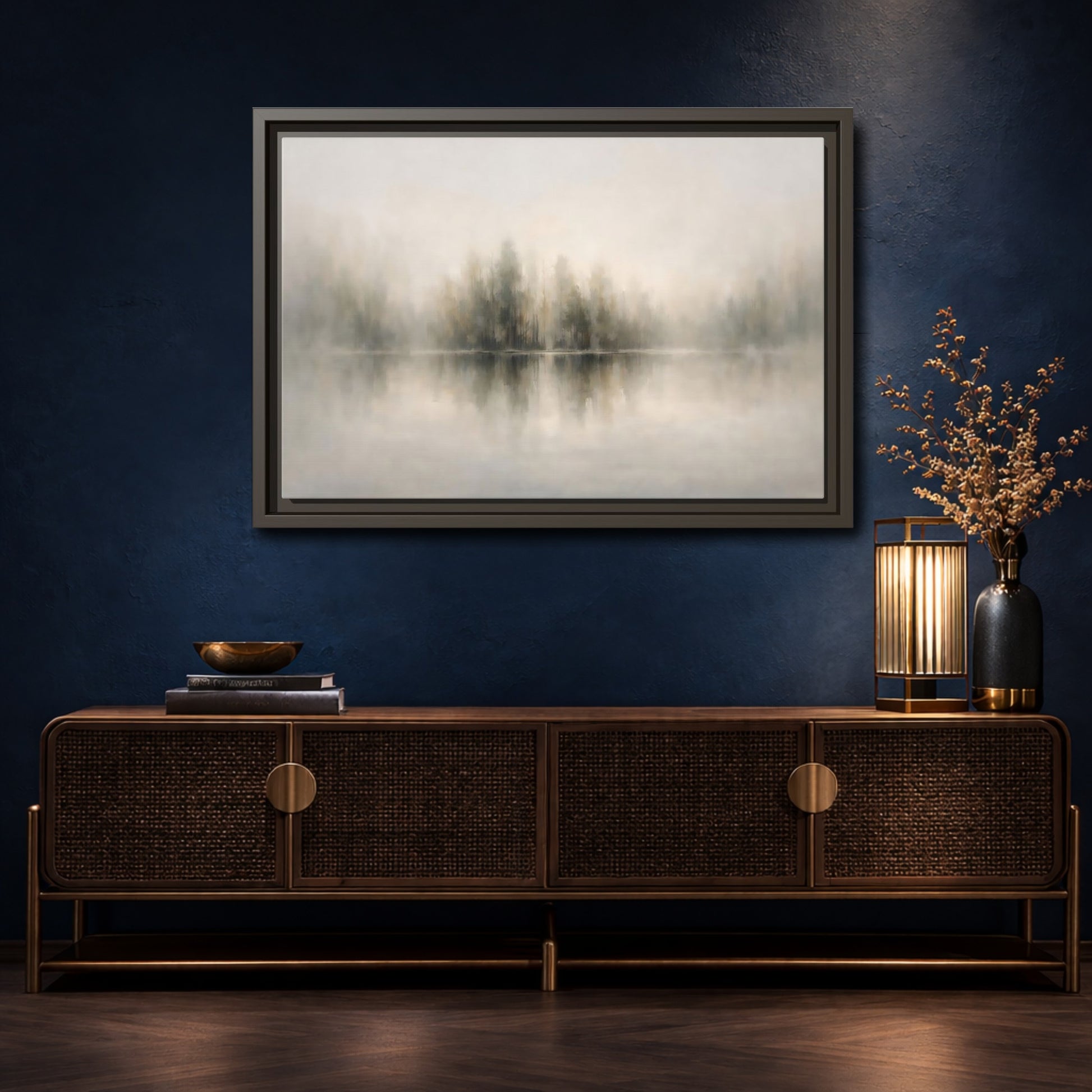 Mockup 4. Nature Misty Forest Neutral Landscape shown as stretched canvas wall art