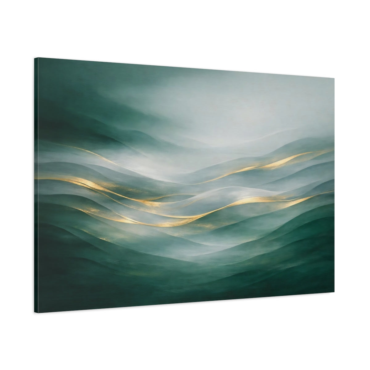 Main Mockup. Nature Misty Hills Green Gold Landscape shown as stretched canvas wall art