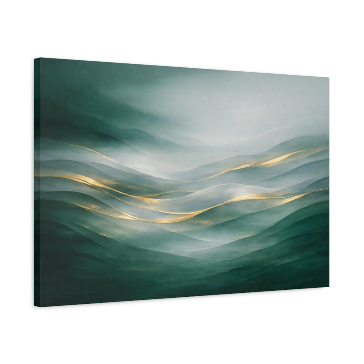 Side Mockup 2. Nature Misty Hills Green Gold Landscape shown as stretched canvas wall art