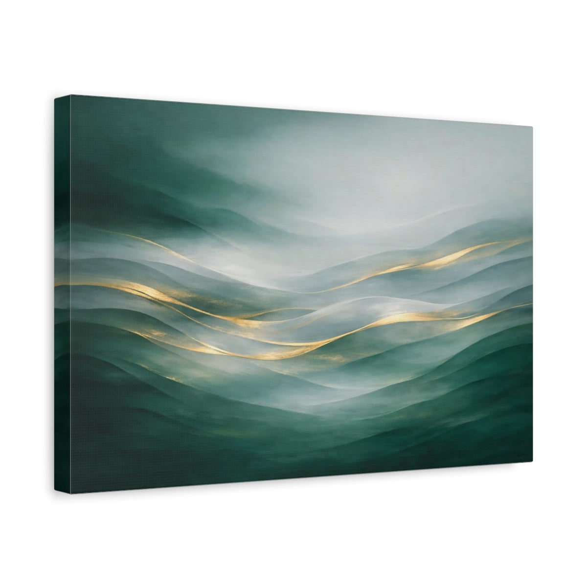 Side Mockup 4. Nature Misty Hills Green Gold Landscape shown as stretched canvas wall art