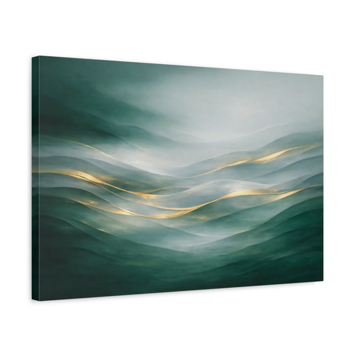 Side Mockup 3. Nature Misty Hills Green Gold Landscape shown as stretched canvas wall art