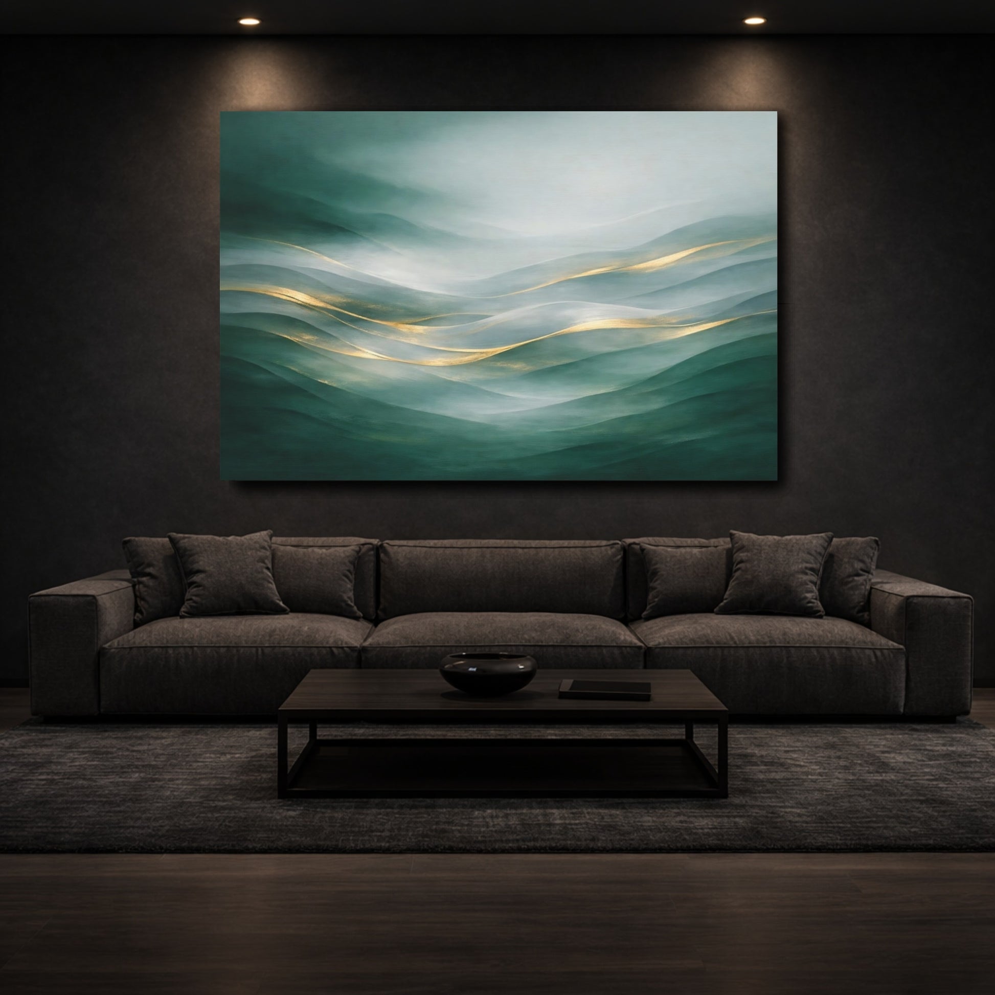 Mockup 2. Nature Misty Hills Green Gold Landscape shown as stretched canvas wall art