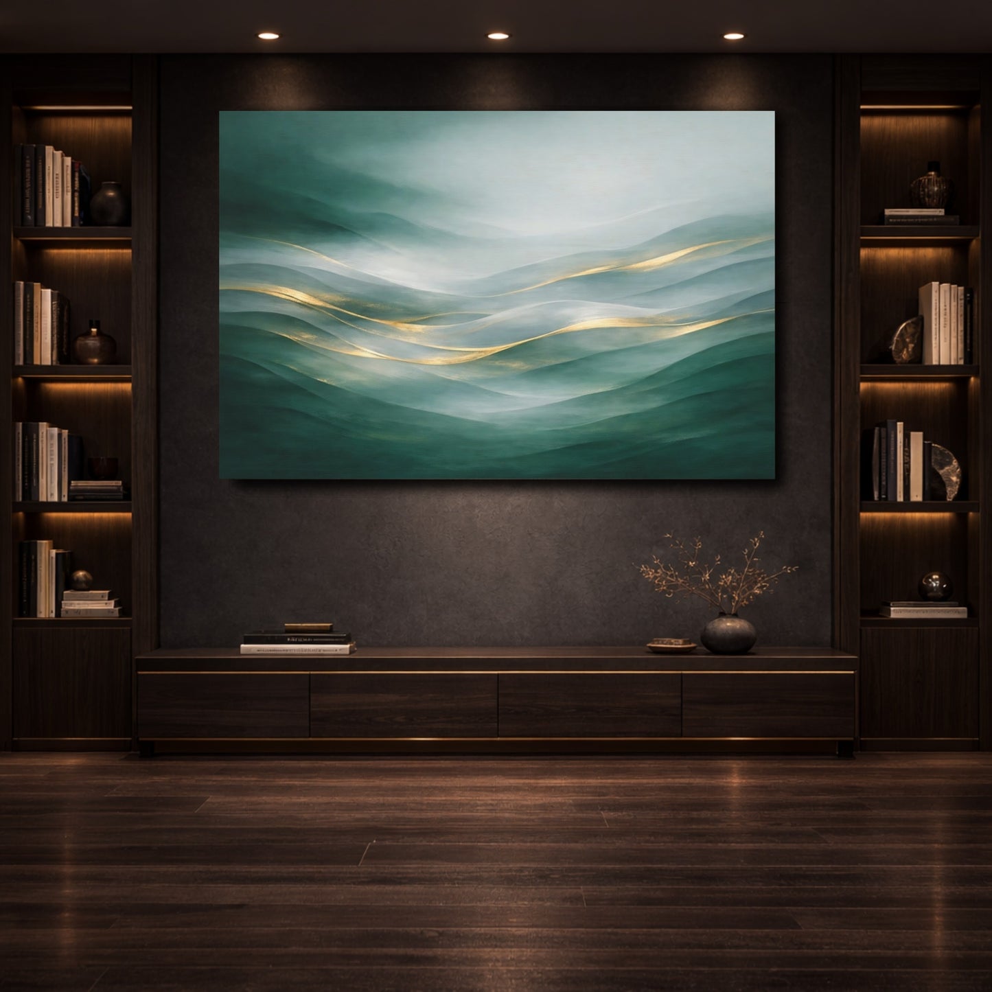 Mockup 3. Nature Misty Hills Green Gold Landscape shown as stretched canvas wall art