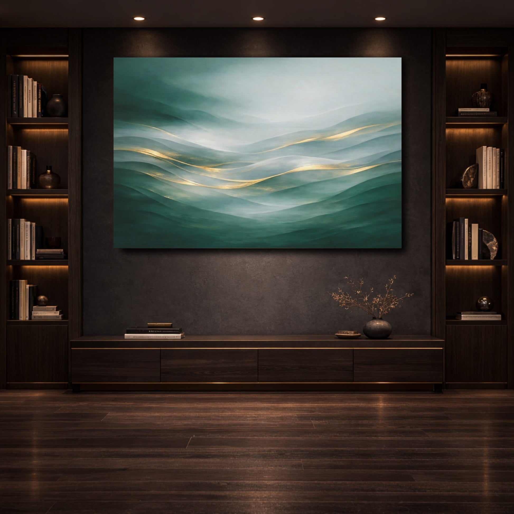 Mockup 3. Nature Misty Hills Green Gold Landscape shown as stretched canvas wall art