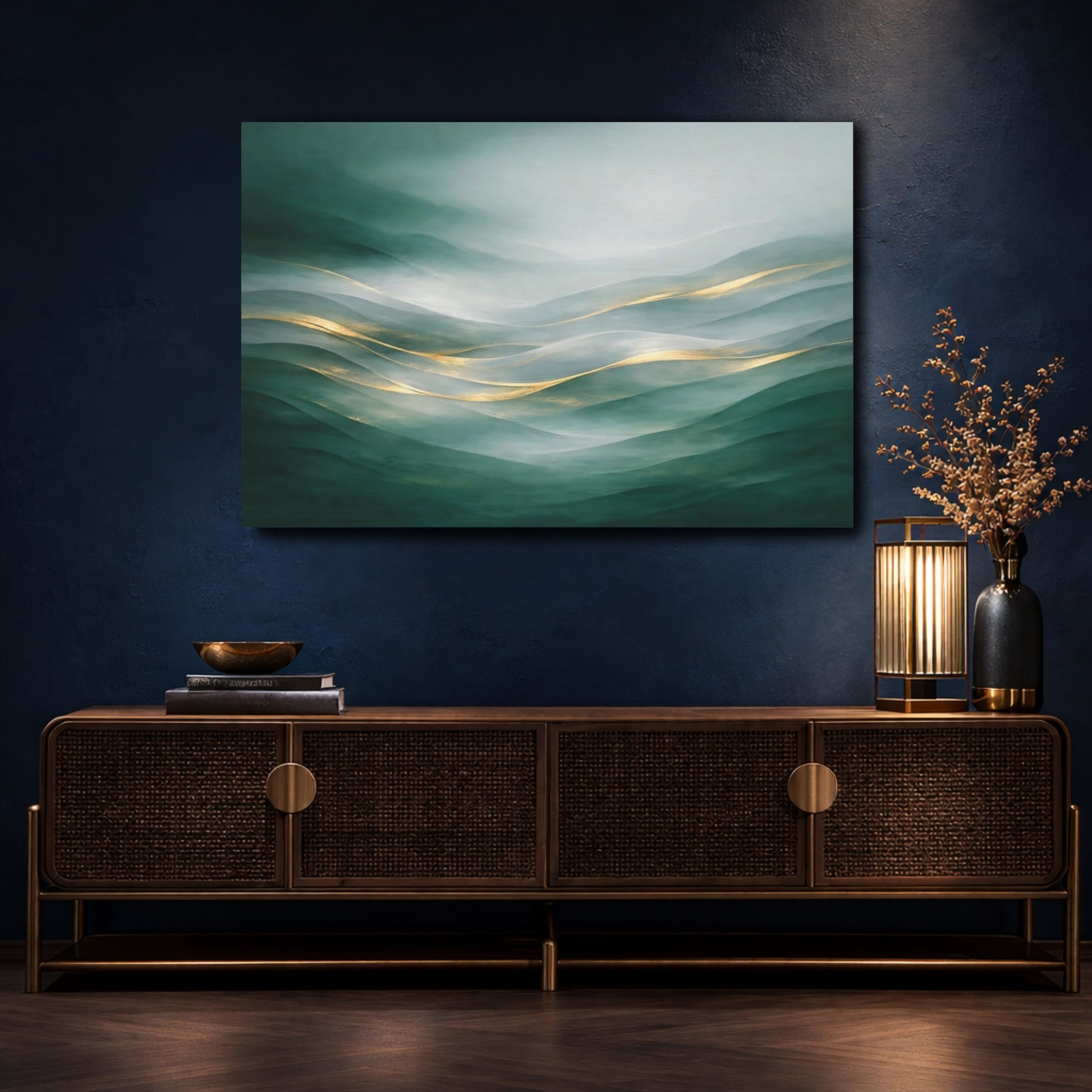 Mockup 4. Nature Misty Hills Green Gold Landscape shown as stretched canvas wall art