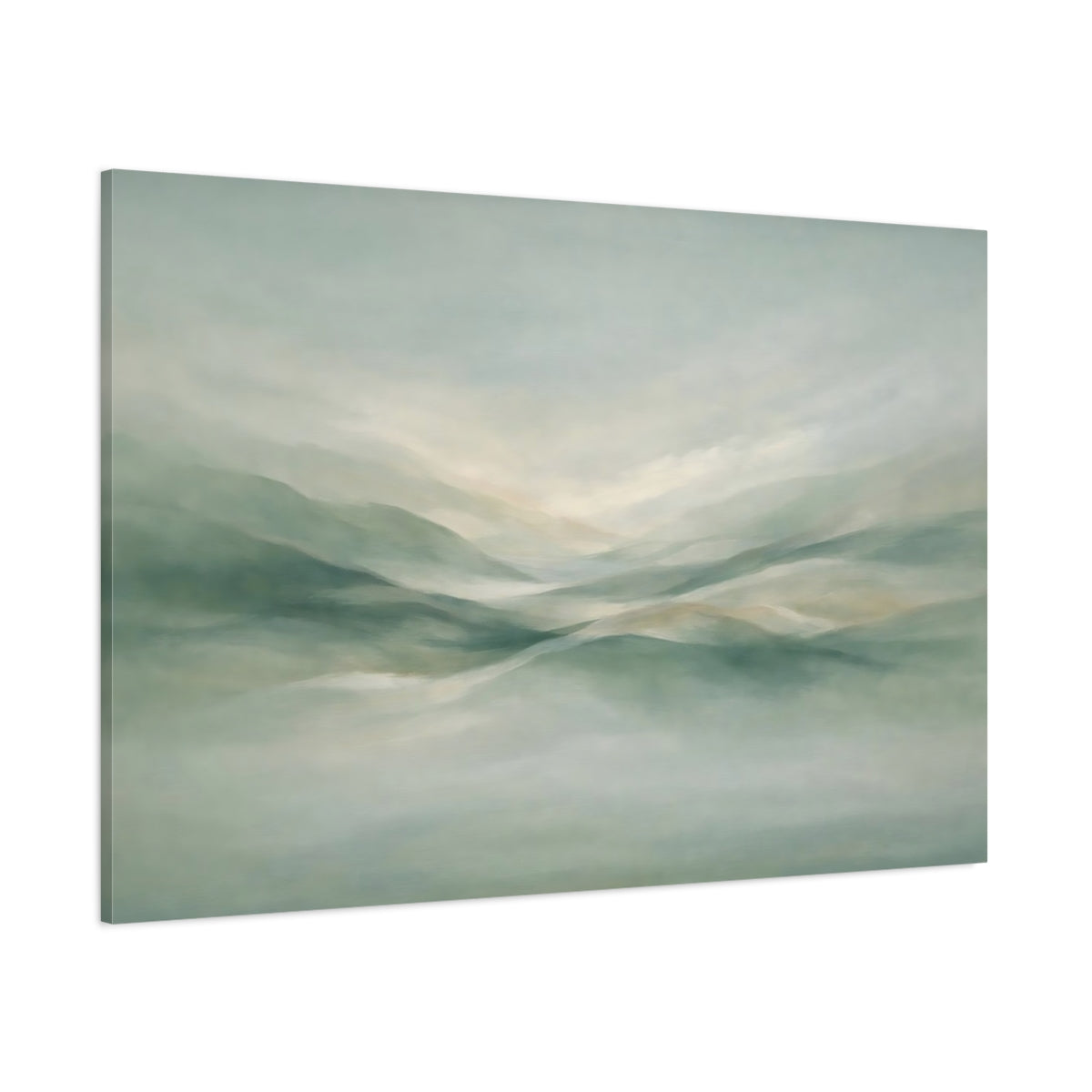 Main Mockup. Nature Misty Hills Muted Green Landscape shown as stretched canvas wall art