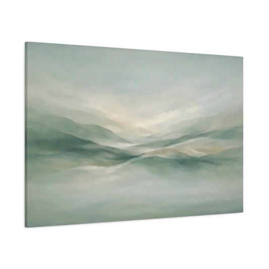 Main Mockup. Nature Misty Hills Muted Green Landscape shown as stretched canvas wall art