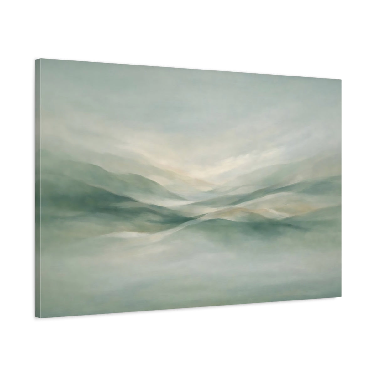 Side Mockup 1. Nature Misty Hills Muted Green Landscape shown as stretched canvas wall art