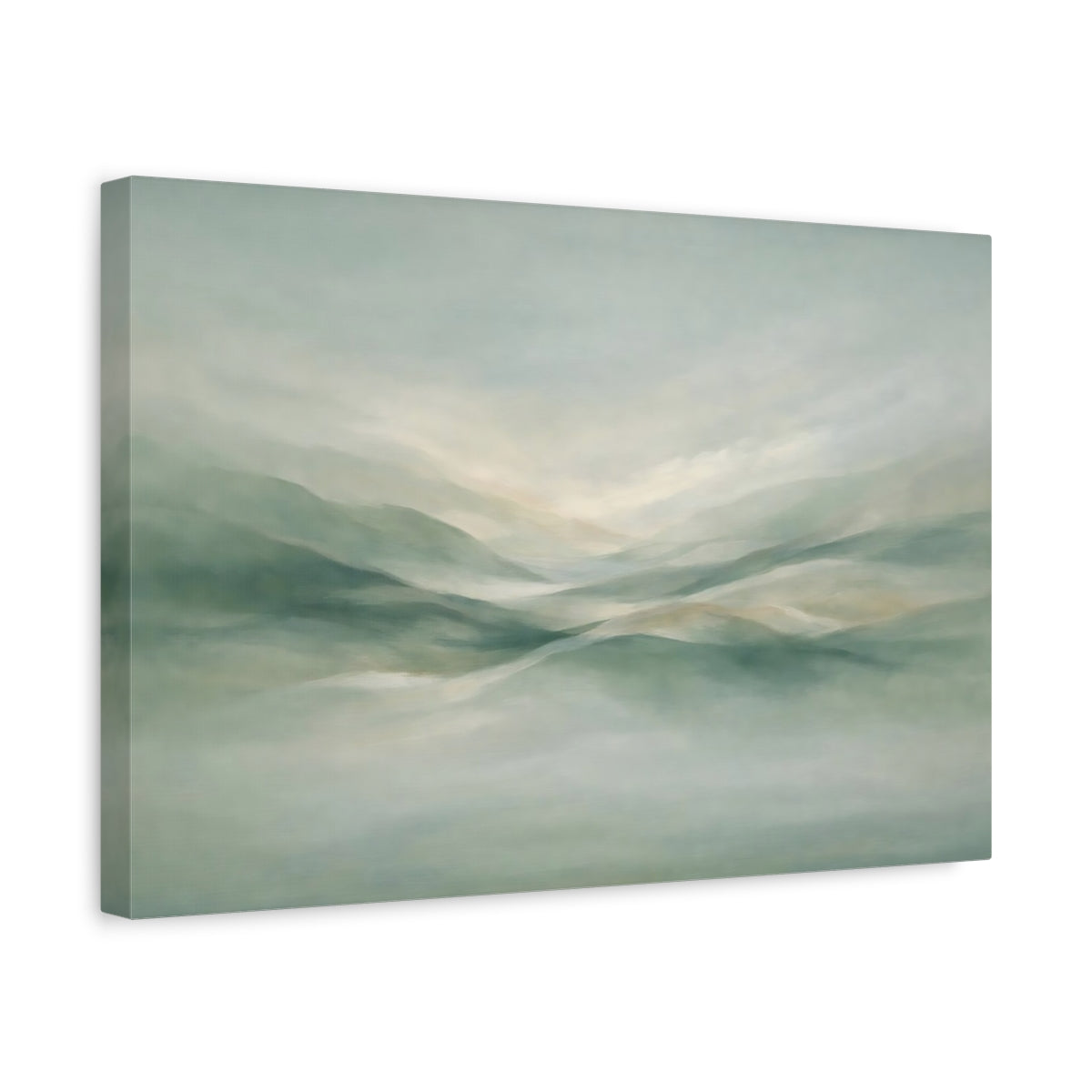 Side Mockup 4. Nature Misty Hills Muted Green Landscape shown as stretched canvas wall art