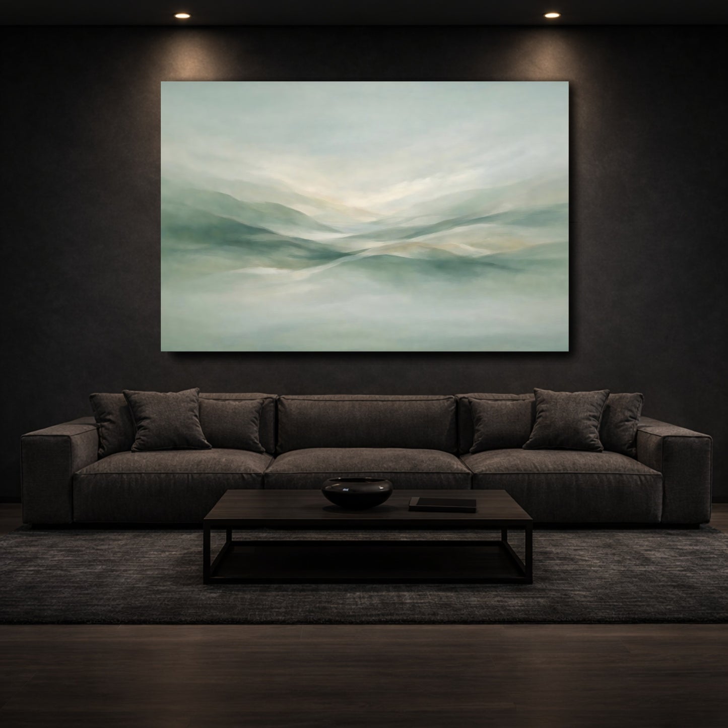 Mockup 2. Nature Misty Hills Muted Green Landscape shown as stretched canvas wall art