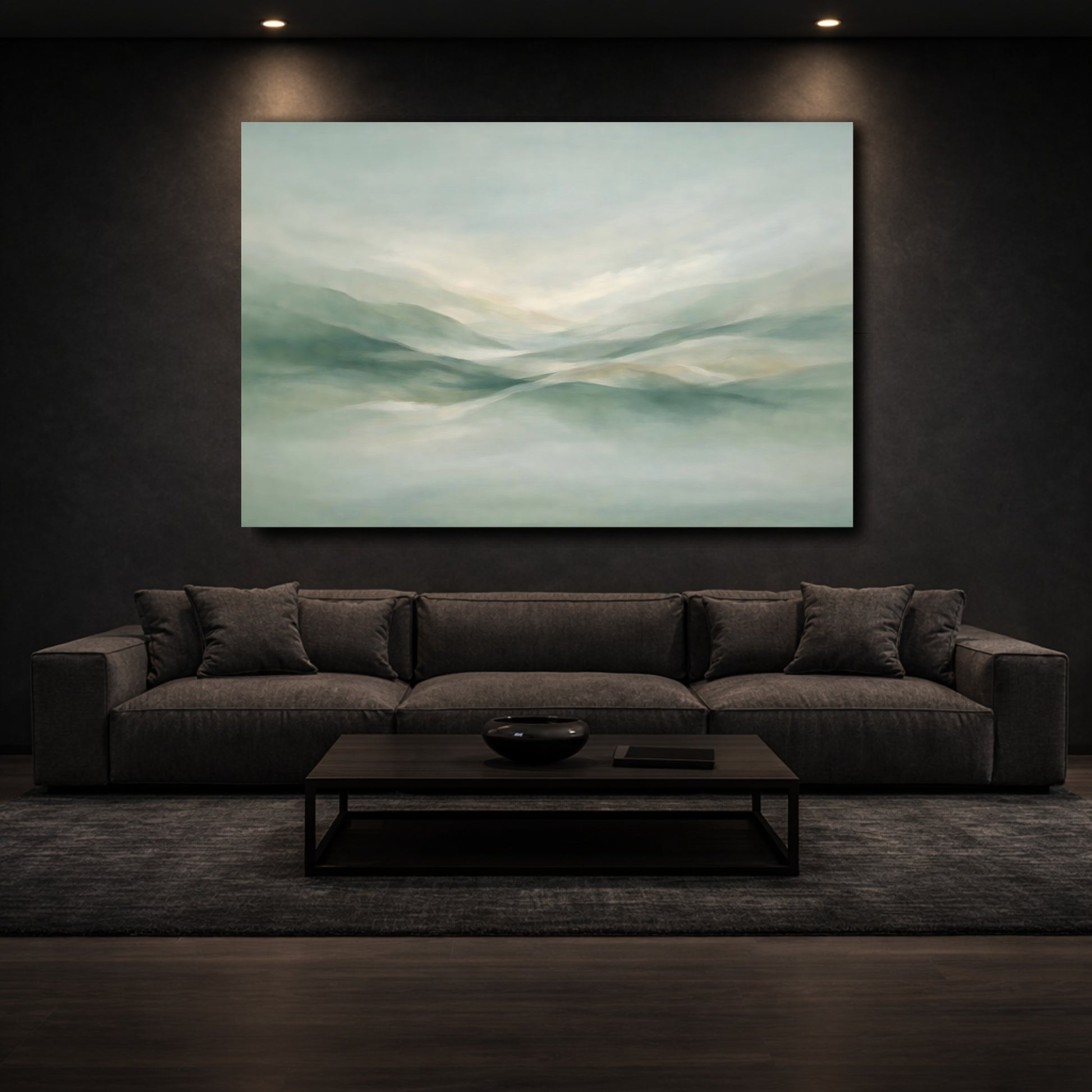 Mockup 2. Nature Misty Hills Muted Green Landscape shown as stretched canvas wall art