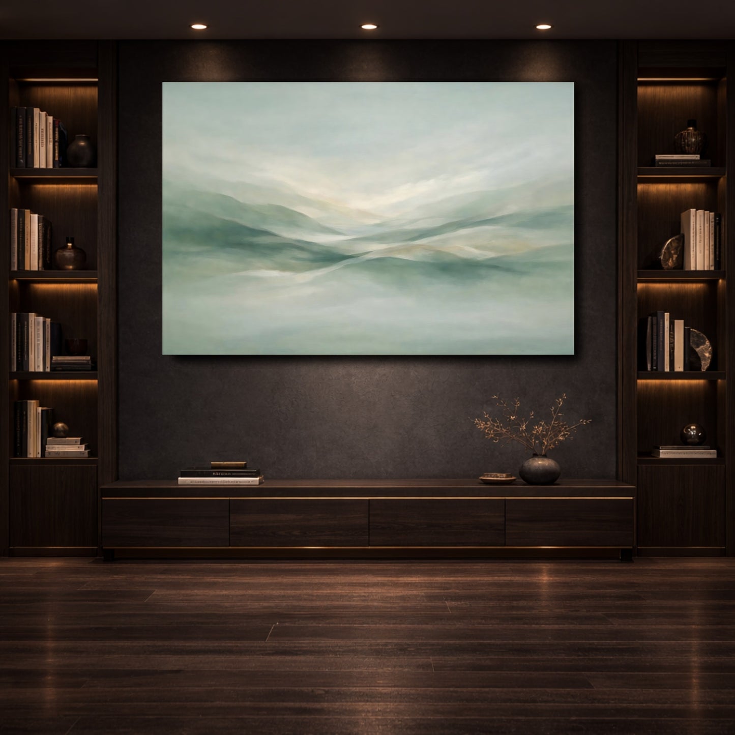 Mockup 3. Nature Misty Hills Muted Green Landscape shown as stretched canvas wall art