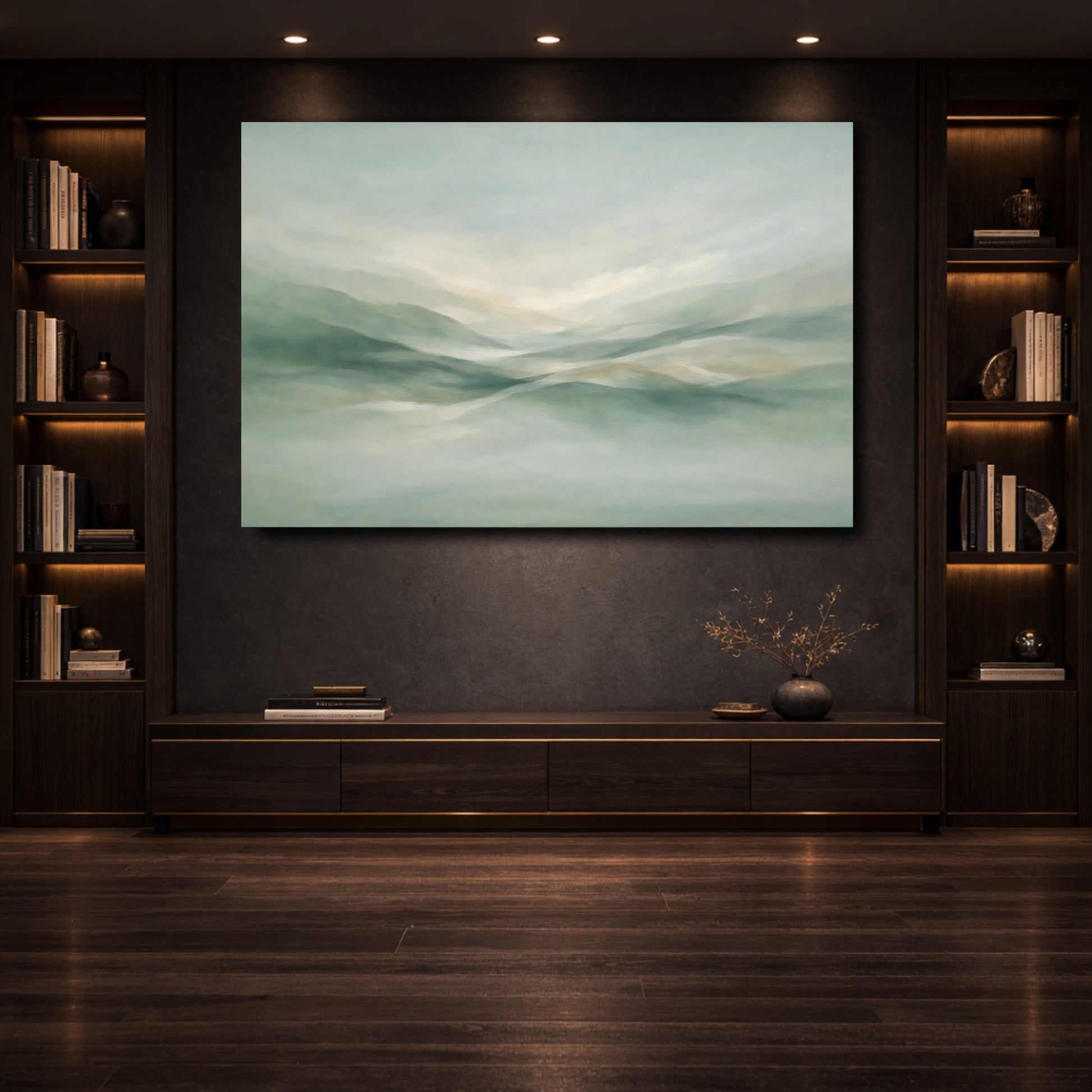 Mockup 3. Nature Misty Hills Muted Green Landscape shown as stretched canvas wall art