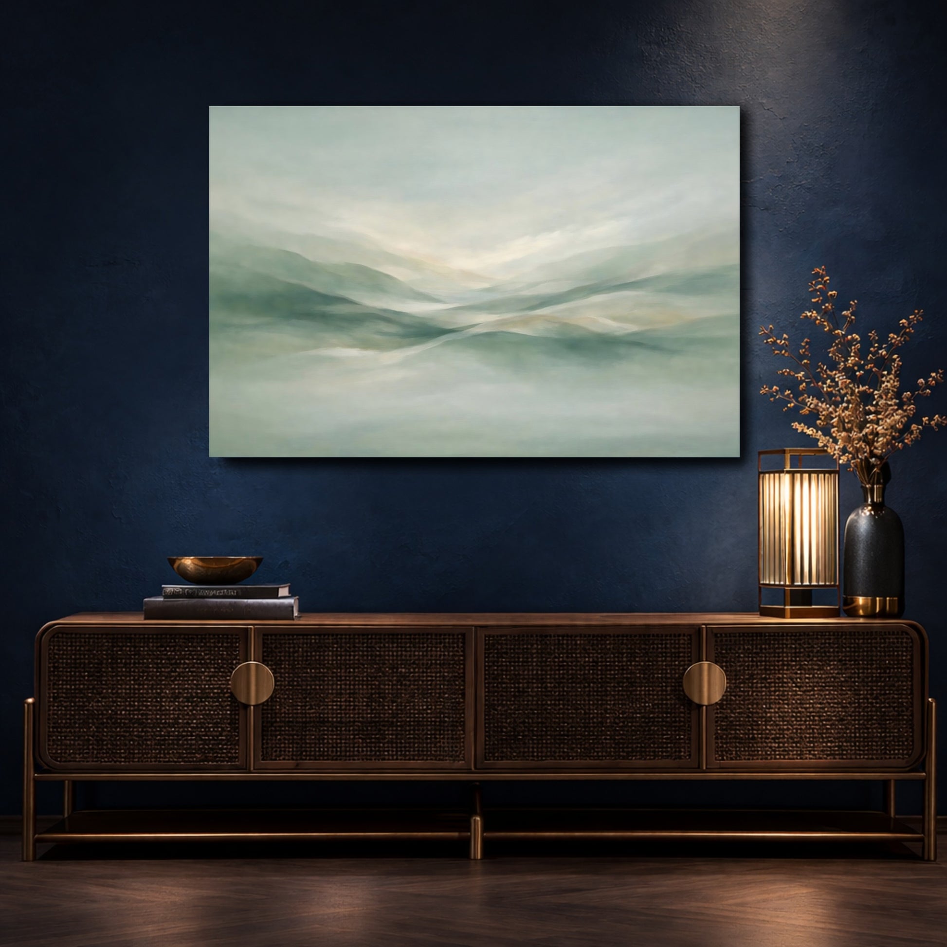 Mockup 4. Nature Misty Hills Muted Green Landscape shown as stretched canvas wall art
