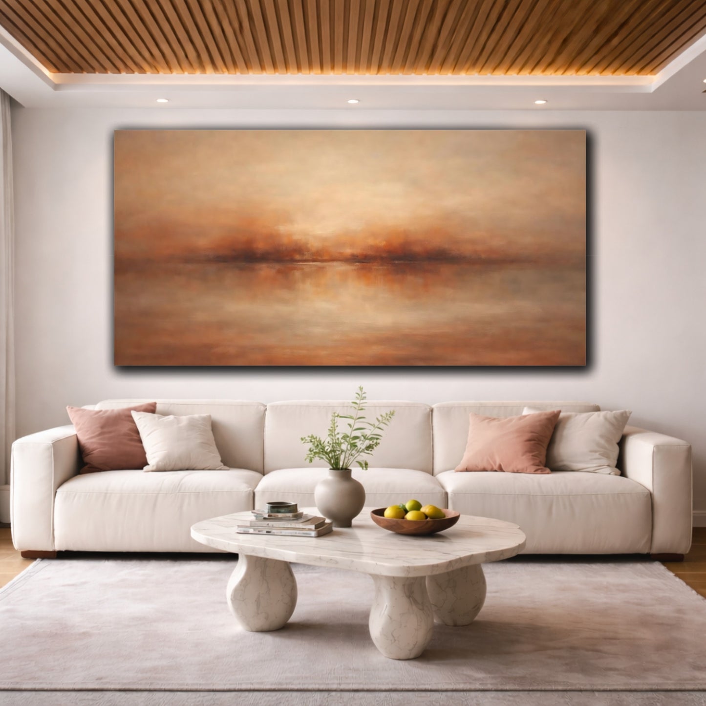 Mockup 3. Nature Misty Horizon Brown And Orange shown as stretched canvas wall art