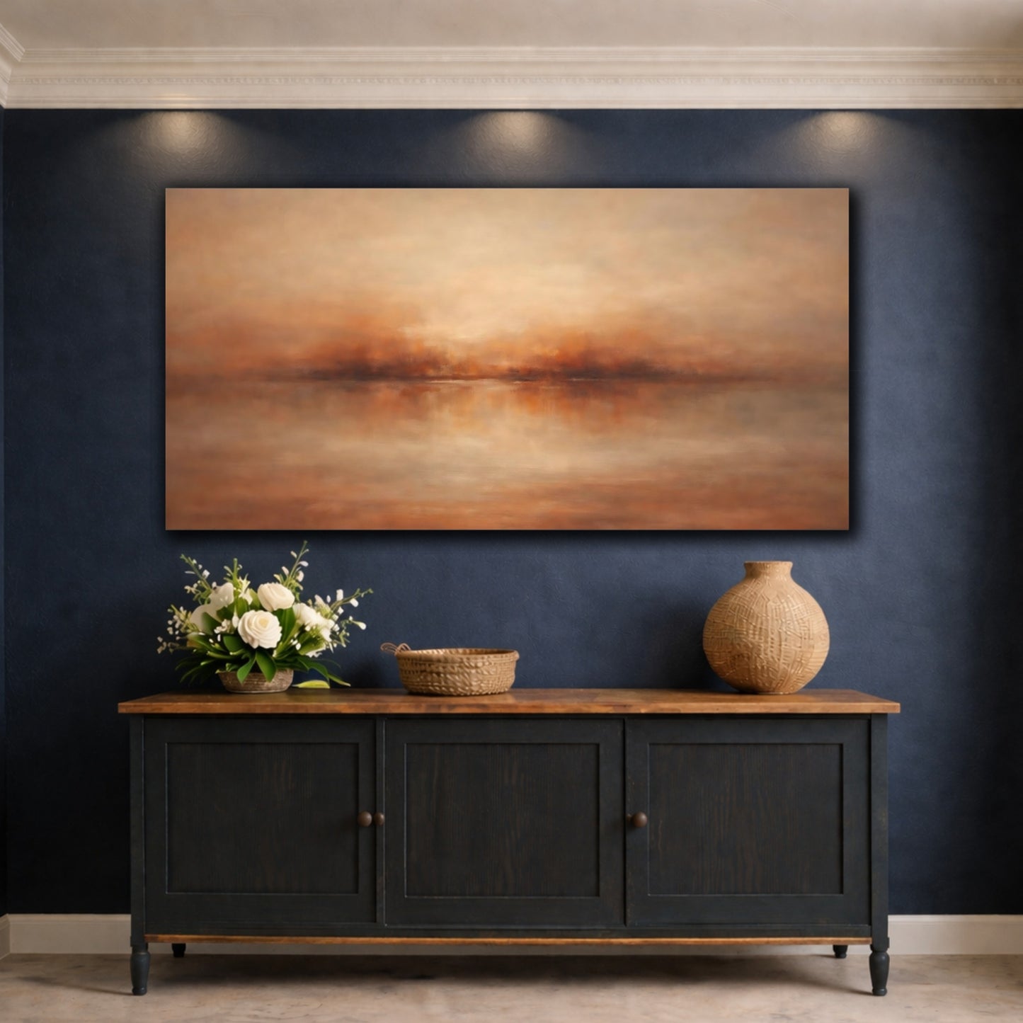 Mockup 4. Nature Misty Horizon Brown And Orange shown as stretched canvas wall art
