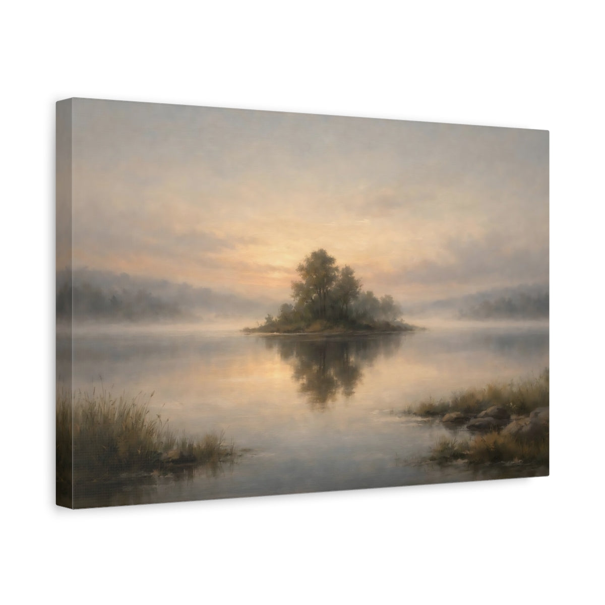 Side Mockup 4. Nature Misty Island Misty Lake Landscape shown as stretched canvas wall art