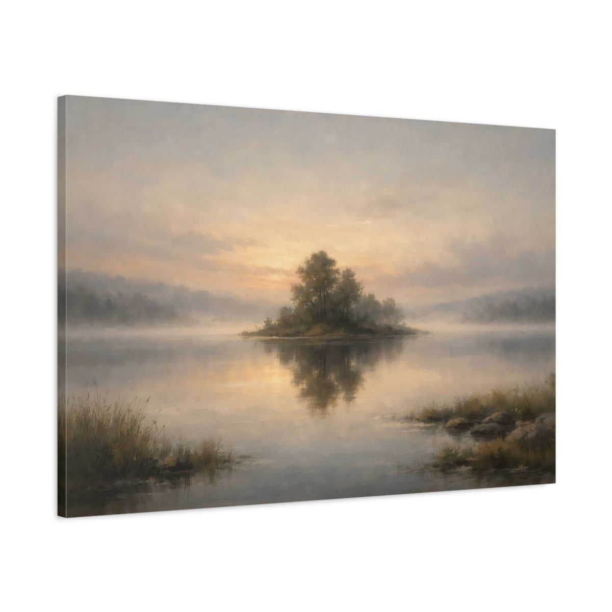 Side Mockup 1. Nature Misty Island Misty Lake Landscape shown as stretched canvas wall art