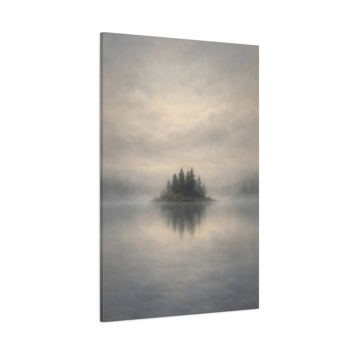 Main Mockup. Nature Misty Island Misty Lake Island shown as stretched canvas wall art