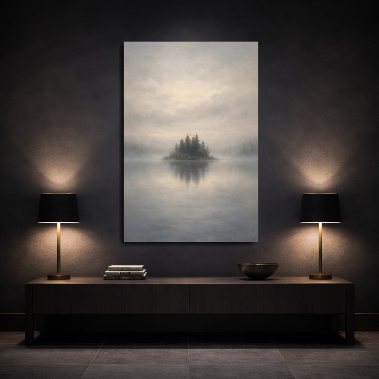 Mockup 2. Nature Misty Island Misty Lake Island shown as stretched canvas wall art