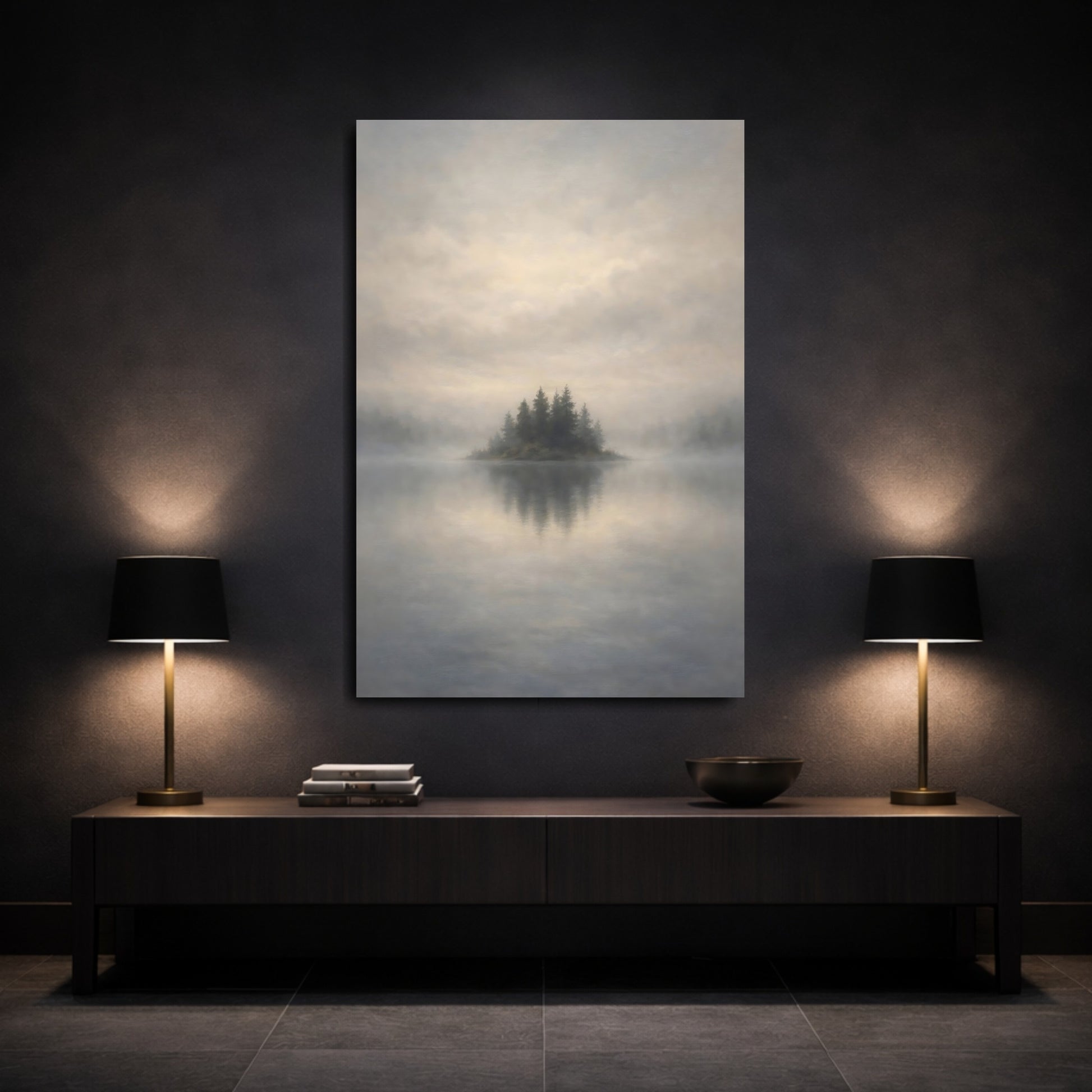 Mockup 2. Nature Misty Island Misty Lake Island shown as stretched canvas wall art