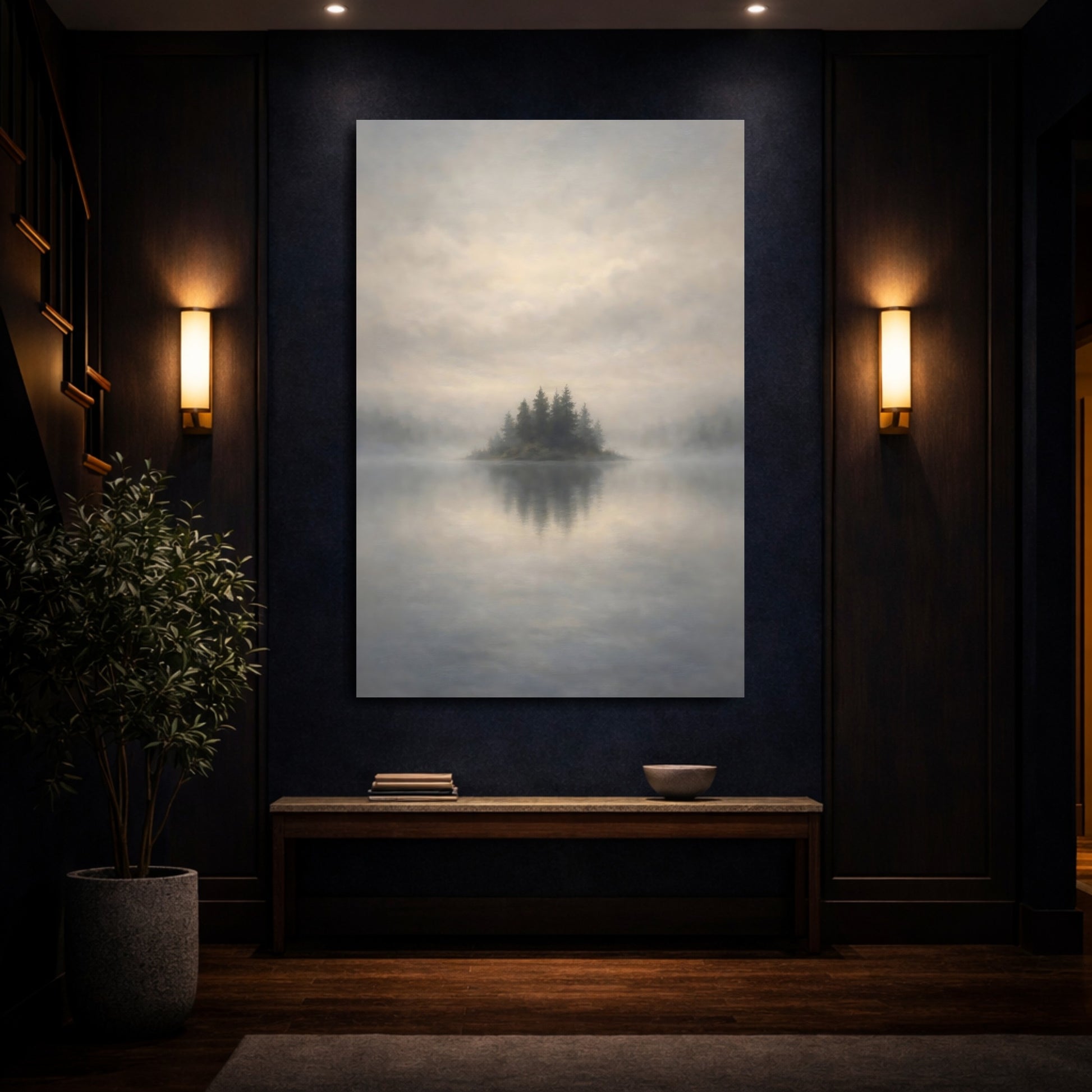 Mockup 3. Nature Misty Island Misty Lake Island shown as stretched canvas wall art