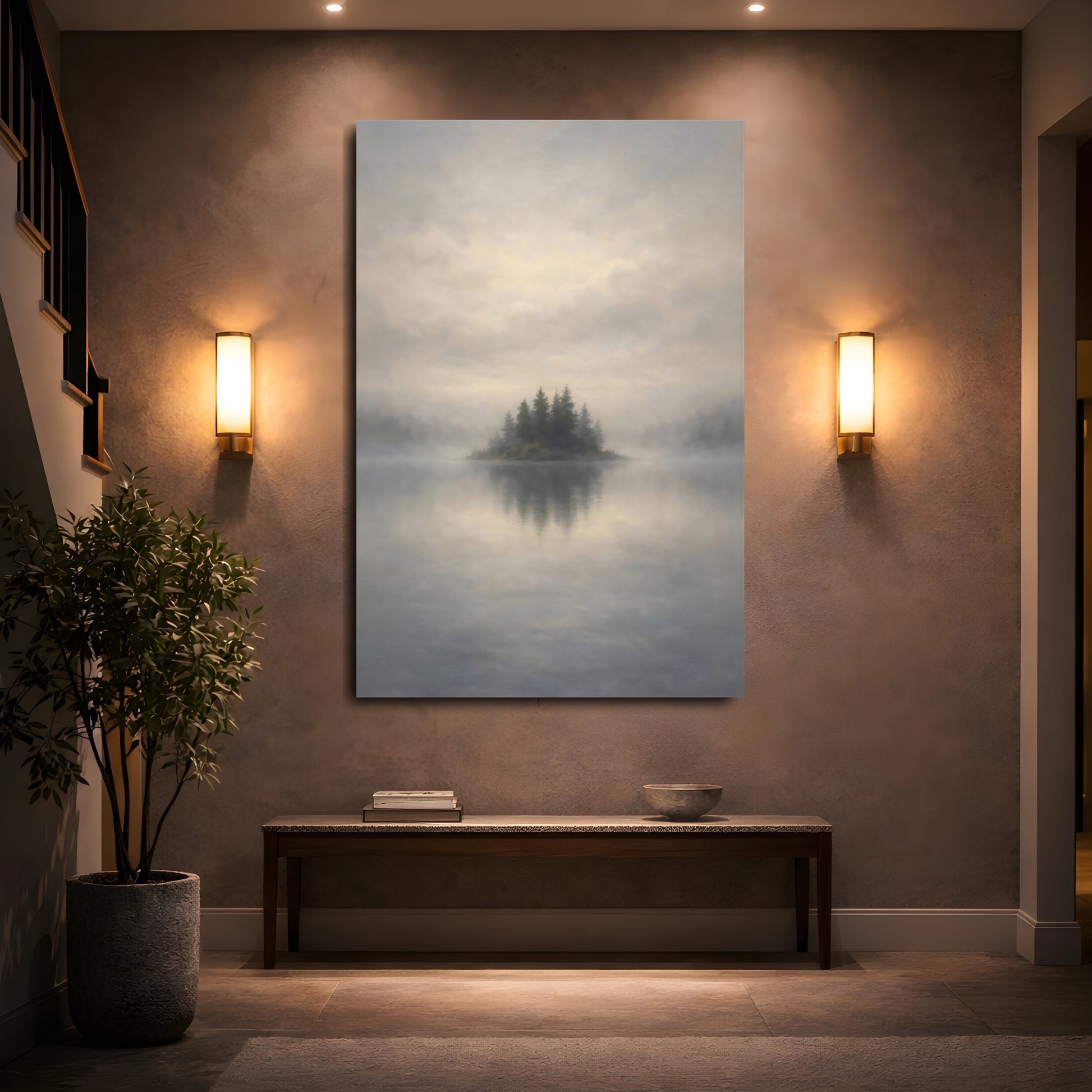 Mockup 4. Nature Misty Island Misty Lake Island shown as stretched canvas wall art
