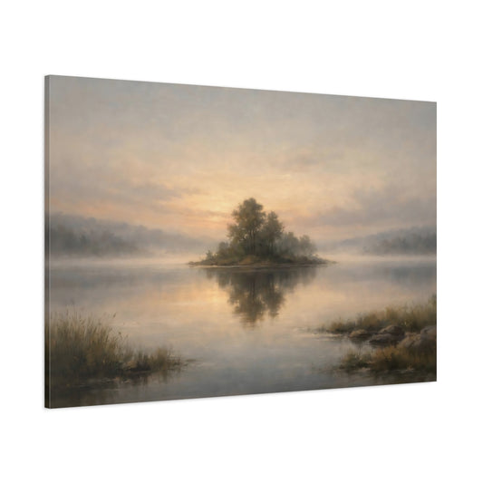 Main Mockup. Nature Misty Island Misty Lake Landscape shown as stretched canvas wall art
